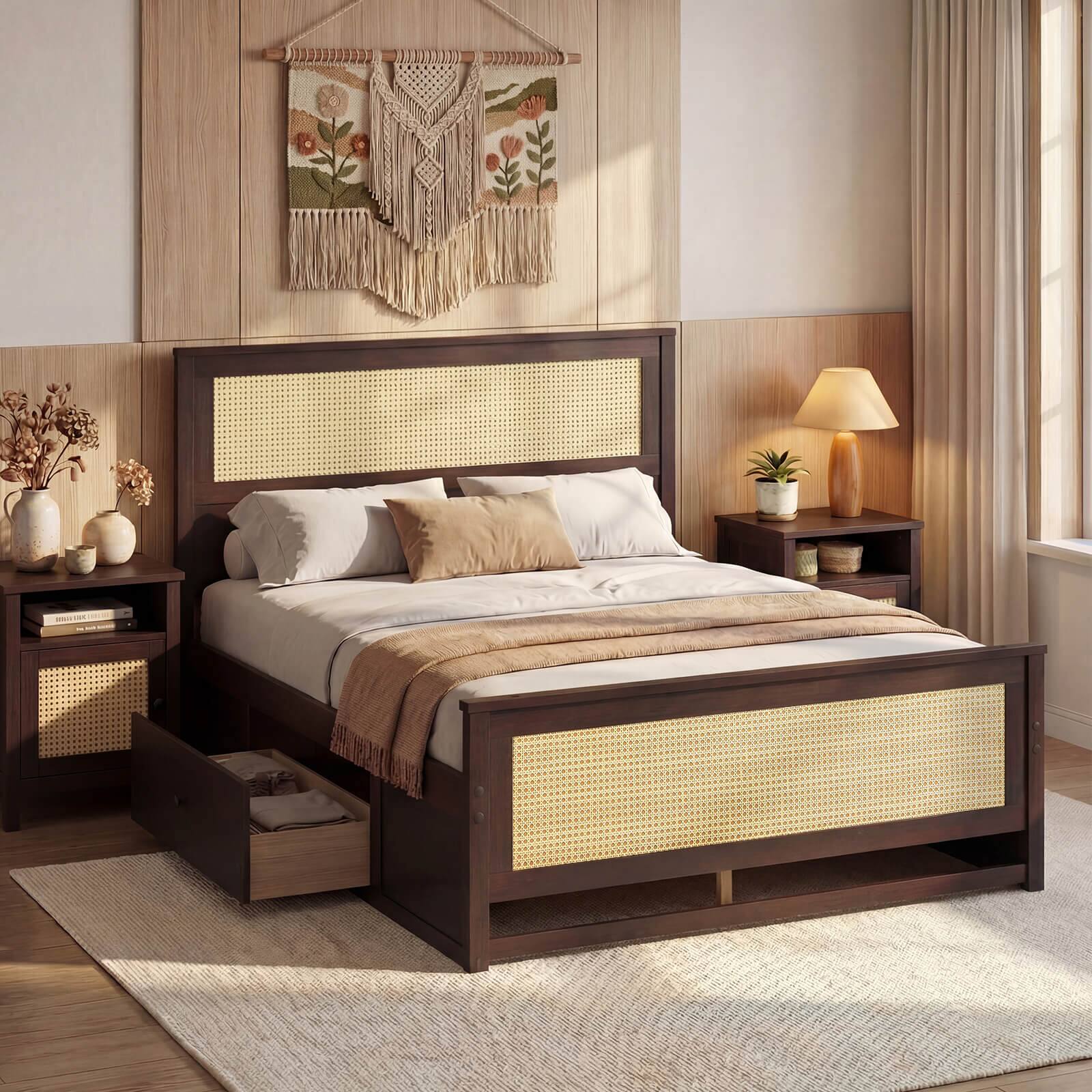 Alt View 5. Costway - Costway Full Size Rattan Bed Frame with Headboard, 2 Storage Drawers & Space - Rustic Brown.