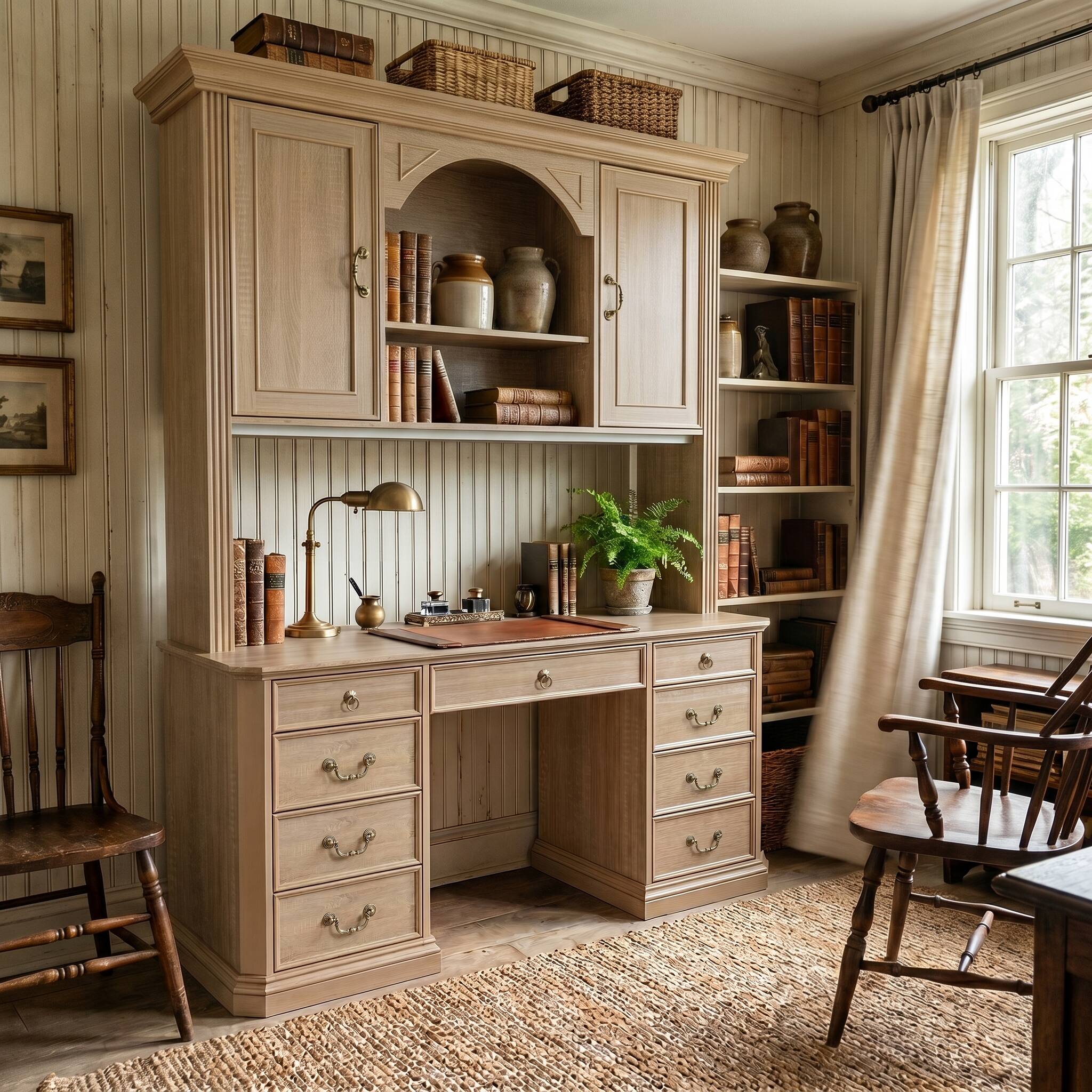 Left. Famapy - Bookcase Desk with Hutch & Drawers, Large Computer Desk with Arched Shelves for Home Library Student Writing Station - Light Wooden.
