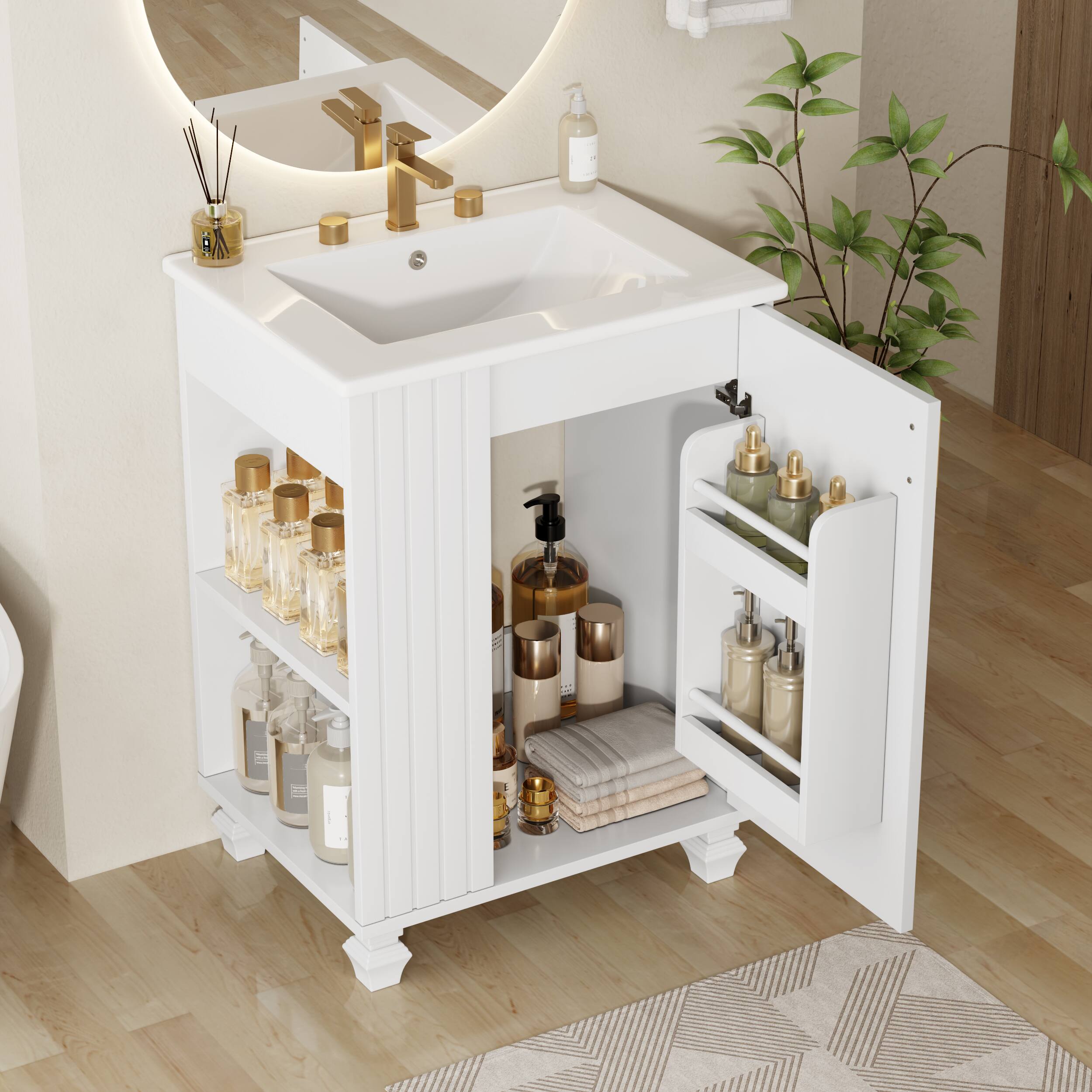 Alt View 1. Glintex - 24" Bathroom Vanity with Sink, Solid Wood Storage Cabinet, Soft-Close Door, Side Open Shelf, Small Bathroom Vanity - White.