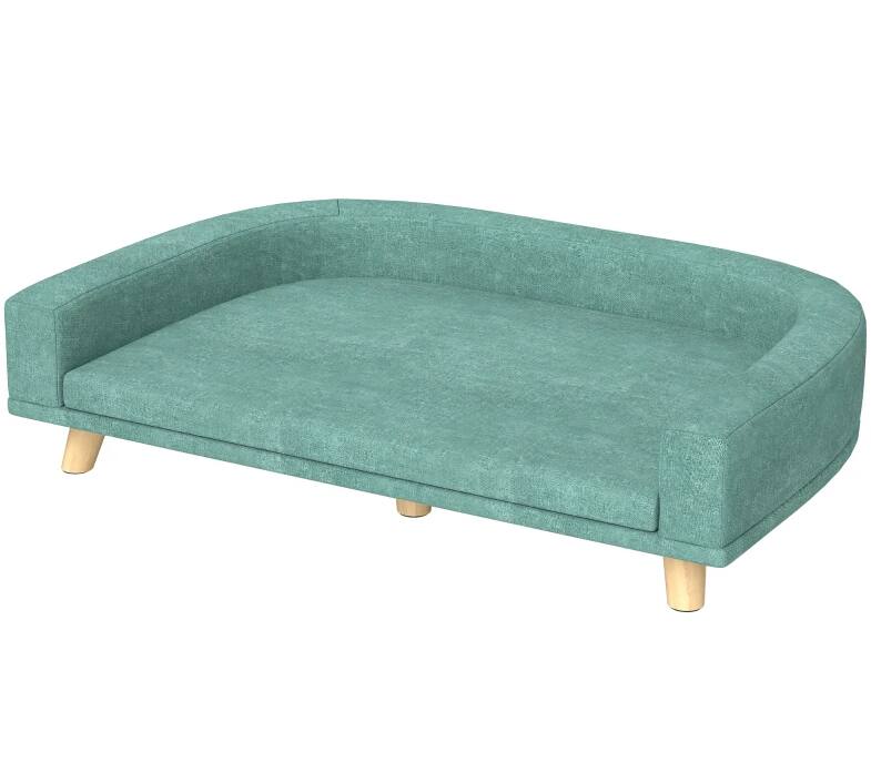 Angle. Siljoy - Green Pet Sofa for Large Dogs, Washable Cushion, Elevated Design with Pine Wood Legs, 66 lb Capacity - Green.