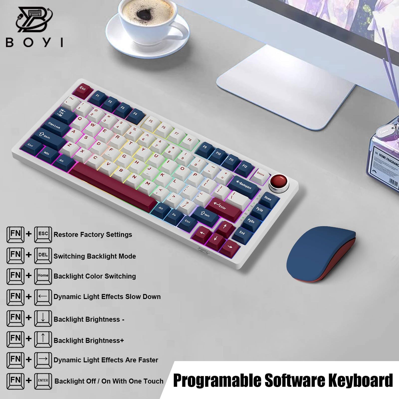 Sure, here is the corrected and grouped text from the image:

---

**BOYI**

**Programable Software Keyboard**

- **FN + ESC** Restore Factory Settings
- **FN + DEL** Switching Backlight Mode
- **FN + Home** Backlight Color Switching
- **FN + ←** Dynamic Light Effects Slow Down
- **FN + ↓** Backlight Brightness -
- **FN + ↑** Backlight Brightness++
- **FN + →** Dynamic Light Effects Are Faster
- **FN + ENTER** Backlight Off / On With One Touch

---

This text is organized to clearly list the functions and their corresponding key combinations for the BOYI keyboard.