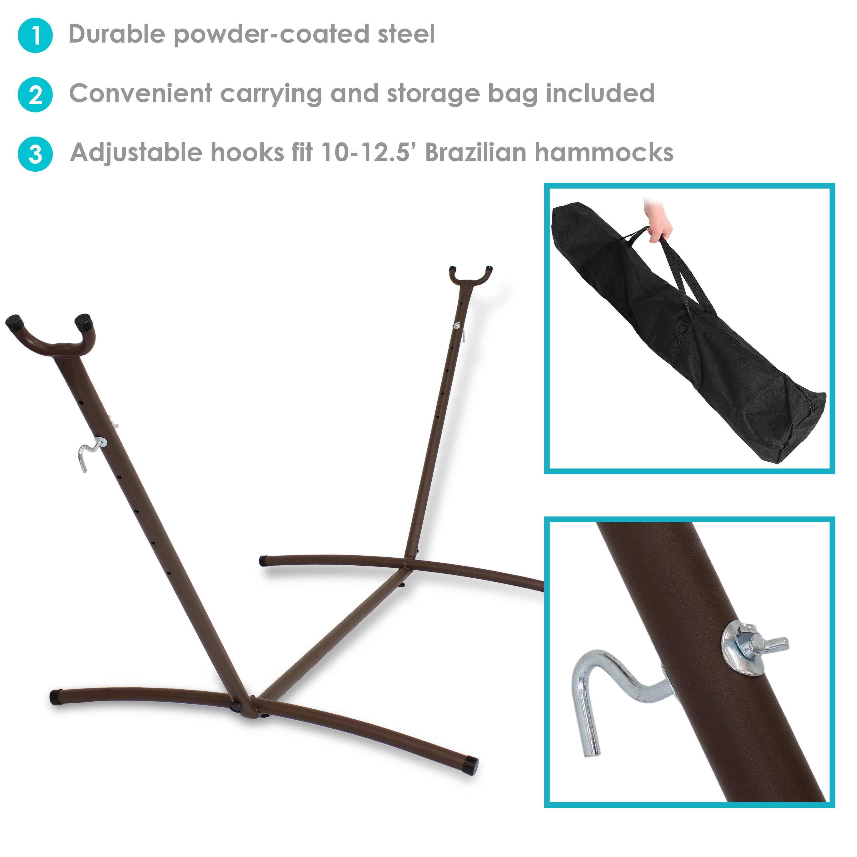 1. Durable powder-coated steel
2. Convenient carrying and storage bag included
3. Adjustable hooks fit 10-12.5' Brazilian hammocks