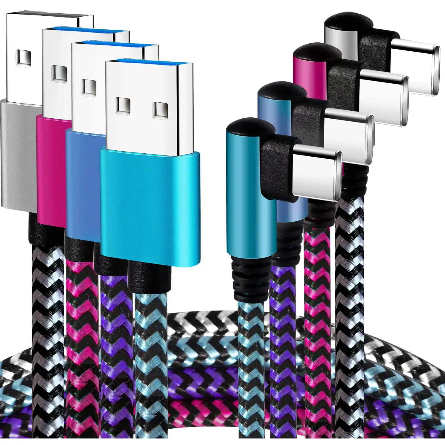 Front. MOSZAR LLC - 4-Pack 6Ft 90° USB-C Charging Cable for Samsung Galaxy – Multi-Color - Colorful.