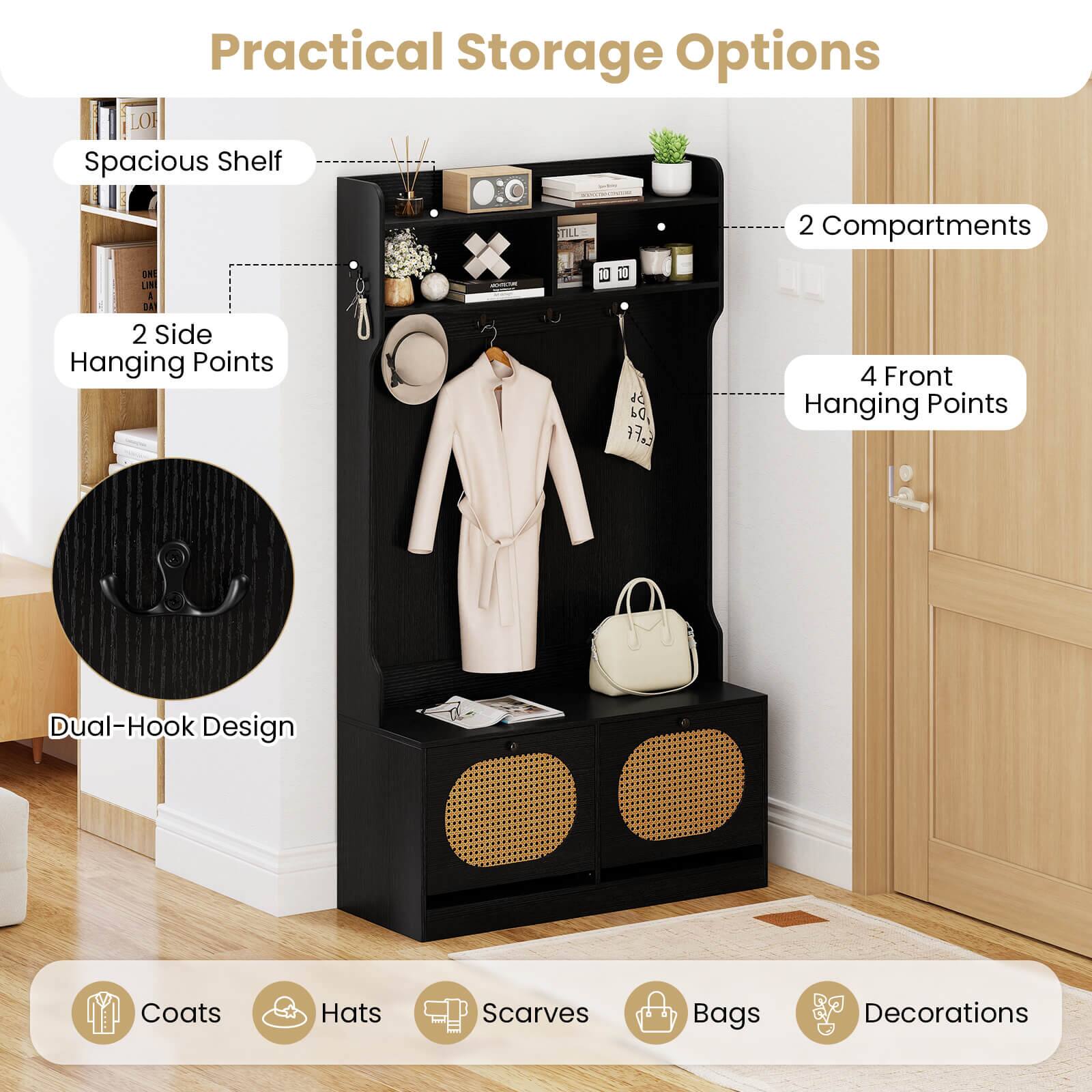Practical Storage Options

- Spacious Shelf
- 2 Side Hanging Points
- 2 Compartments
- 4 Front Hanging Points
- Dual-Hook Design

Items:
- Coats
- Hats
- Scarves
- Bags
- Decorations
