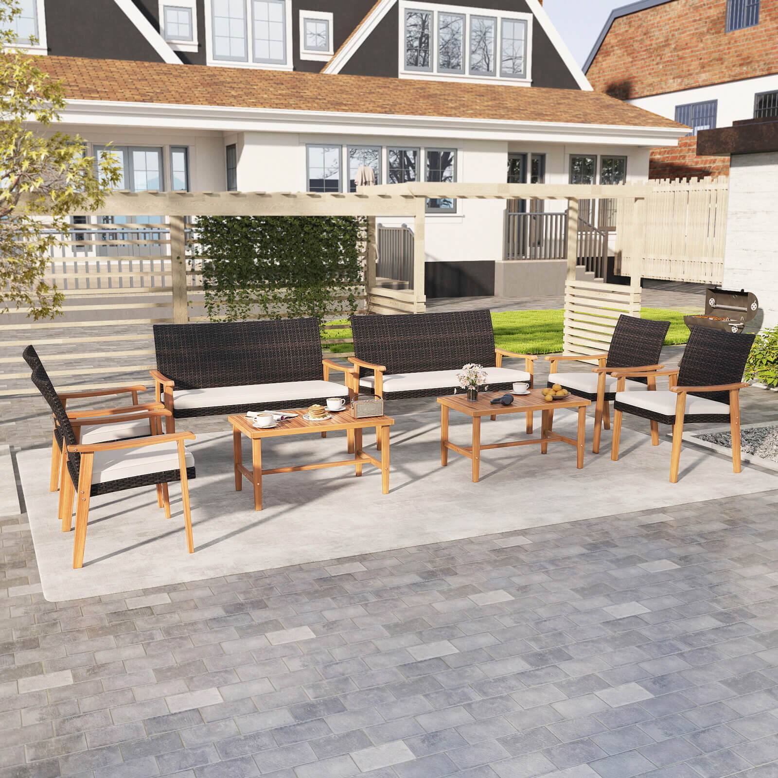 Alt View 4. Costway - Costway 8 PCS Patio Furniture Set with Acacia Wood Coffee Table & Soft Cushions for Garden - Mix Brown.