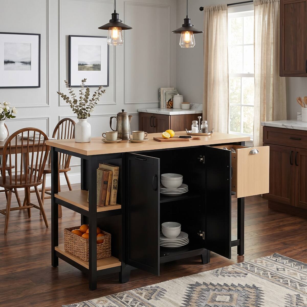 Back. Loheer - Loheer 58 inch freestanding kitchen island, kitchen prep table with storage, black and natural wood tone - Black + Natural.
