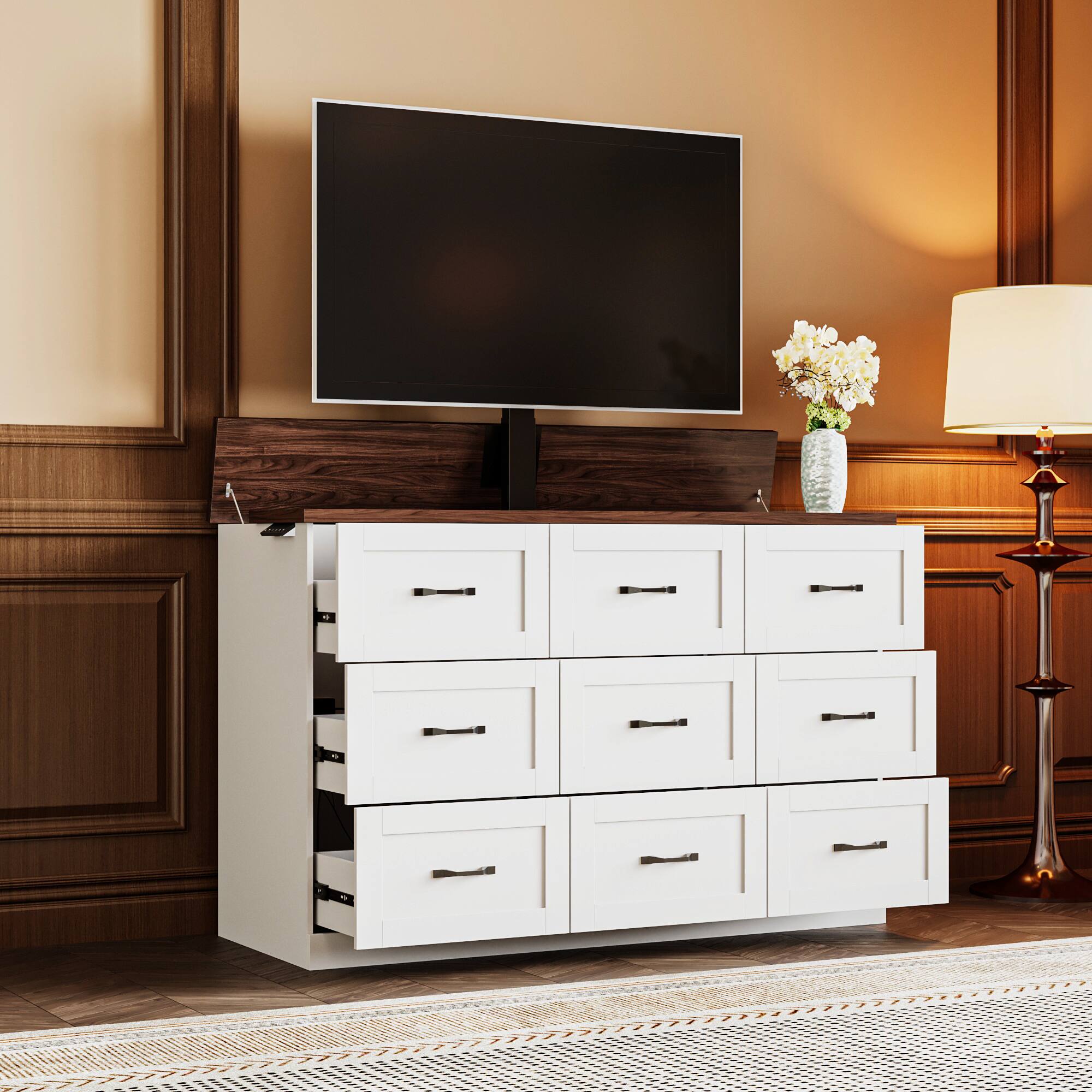 Back. Famapy - Electric Lift TV Cabinet with Storage – Adjustable Height, Hidden Power, Modern Living Room Furniture for 65" TVs - Brown & White.