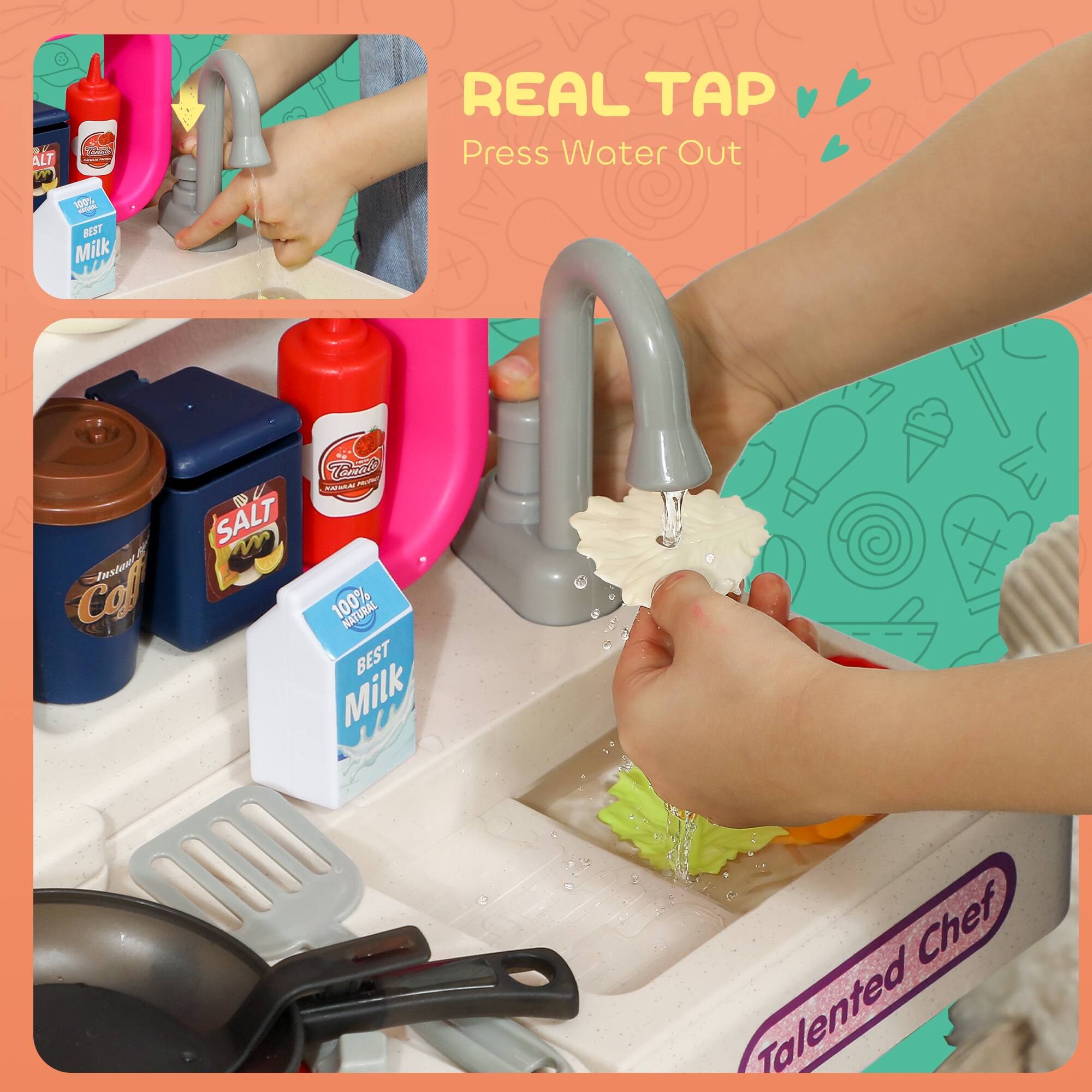 REAL TAP  
Press Water Out  

BEST Milk  
100% NATURAL  

Talented Chef