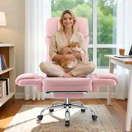 Brick Attic - 500LBS Ergonomic Velvet Office Chair with Footrest,Wide Cross Legged Executive Chair with Flip-Up Arms, 120°Tilt - Pink
