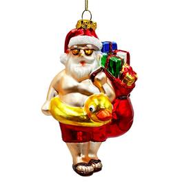 OrnamentallyYou - Santa on Summer Vacation in the Pool Quirky Glass Christmas Ornament Rubber Duckey Tropical Holiday - Multi-colored