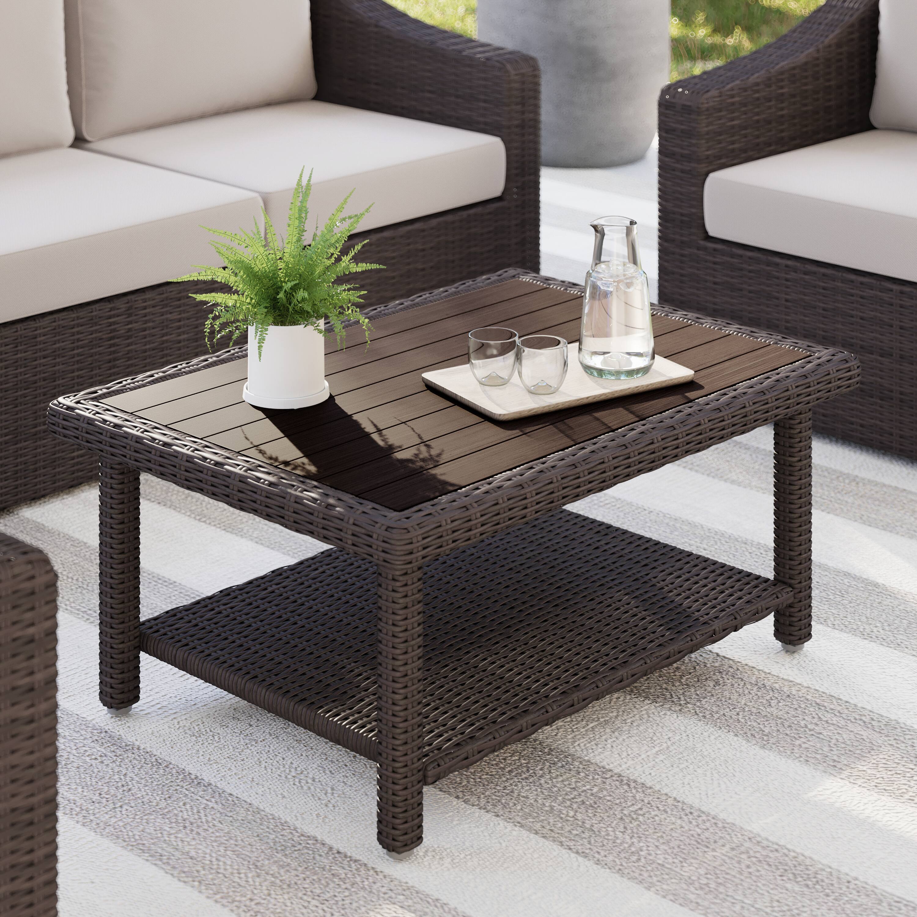 Alt View 1. Martha Stewart - Bedford Outdoor Rattan Wicker Patio Coffee Table with Engineered Wood Top - Brown.