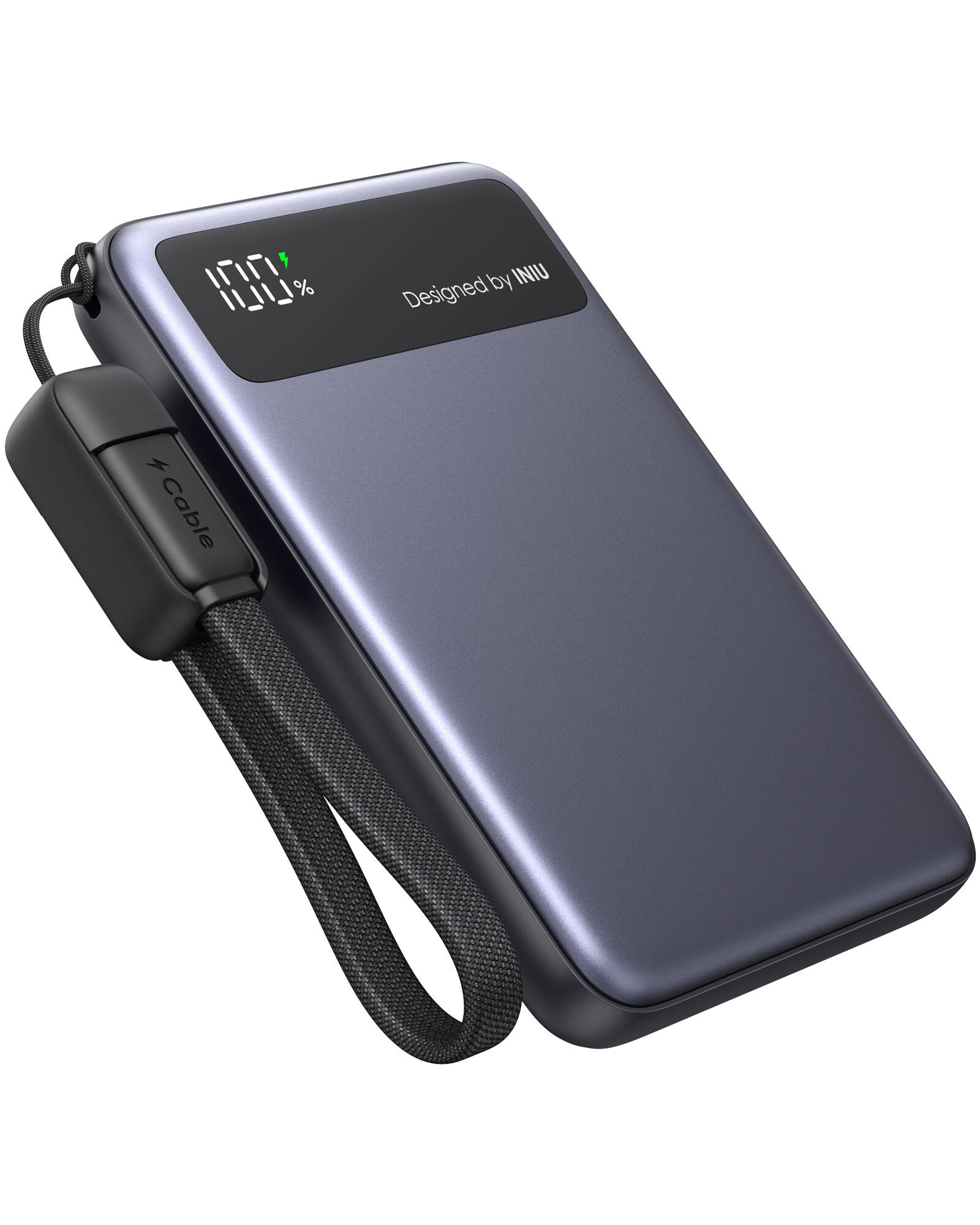 The text on the image reads: "Designed by INIU" and "Cable".