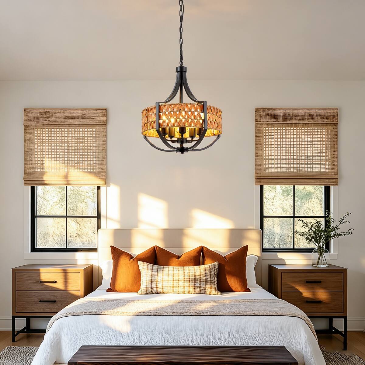 Alt View 1. Loheer - Loheer 19.7 inch Rattan Chandelier, Five Light Boho Pendant with Natural Reed Shade and Black Iron Frame.