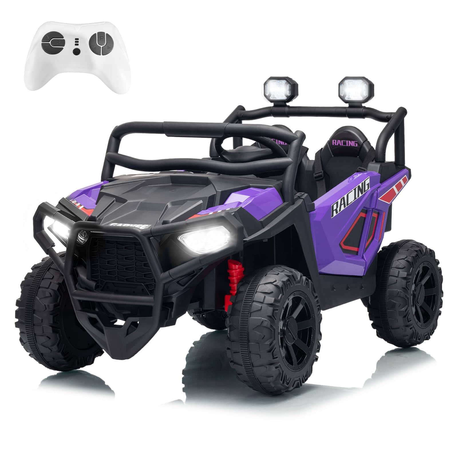 Babevy - 24V 2-Seater Ride-On UTV, Electric Car w/ Remote, 4-Wheel Suspension, 3 Speeds, LED Lights, Bluetooth, Ages 2-8 - Purple