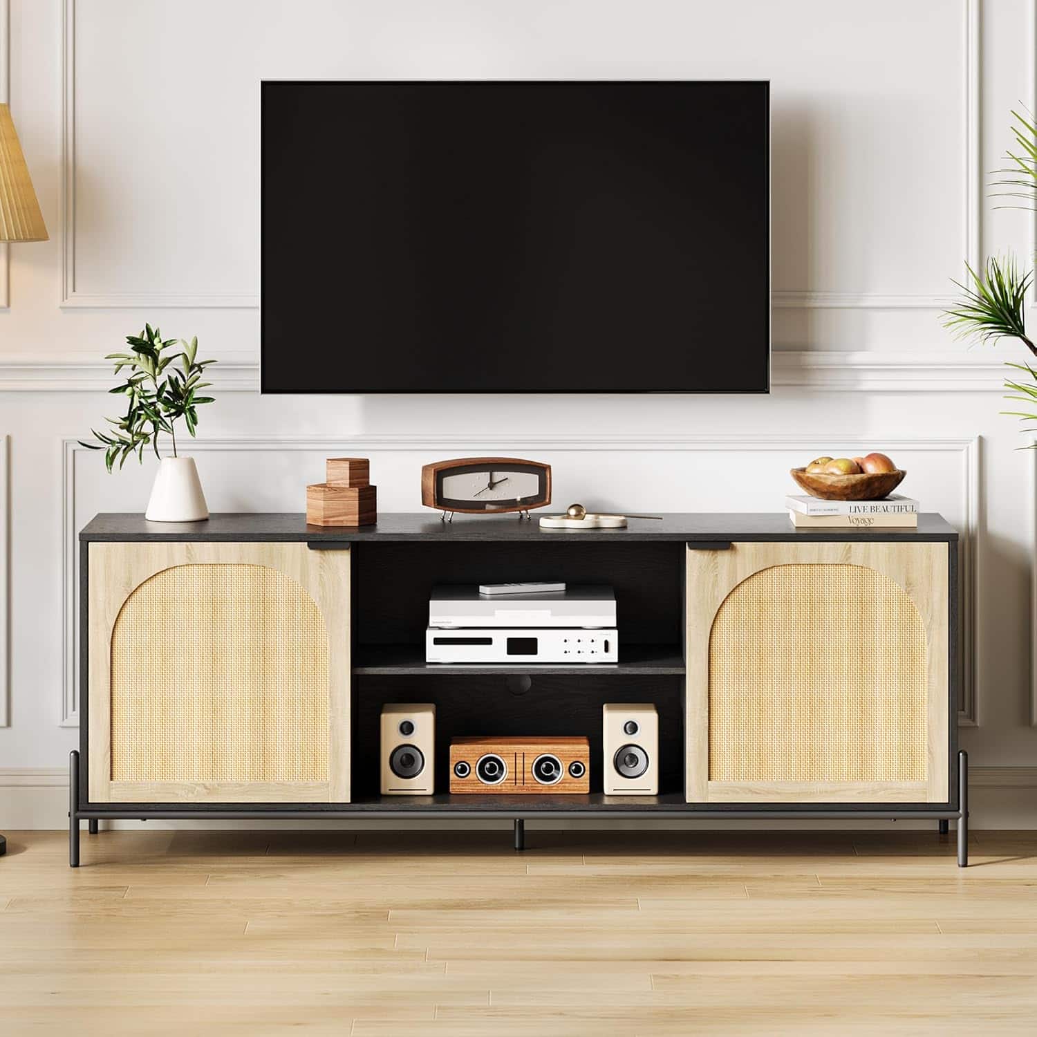 Qeetex - Rattan TV Stand for 75" TVs, Mid-Century Modern Console with Adjustable Shelf - Natural
