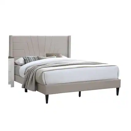 Front. Manhattan Lane - Kopa Queen Size Bed with Tufted Headboard, Brown Burlap Upholstery - Brown, Black.