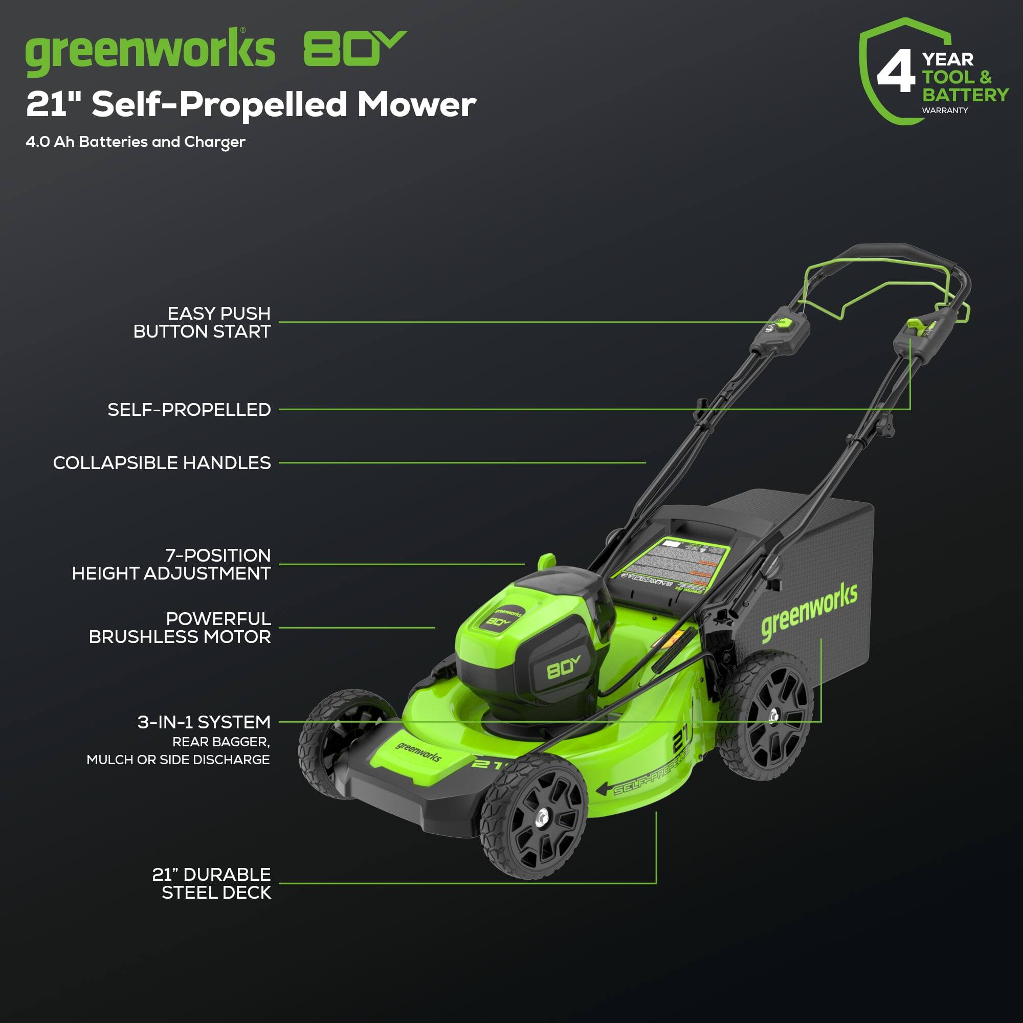 greenworks 80V  
21" Self-Propelled Mower  
4.0 Ah Batteries and Charger  

- EASY PUSH BUTTON START  
- SELF-PROPELLED  
- COLLAPSIBLE HANDLES  
- 7-POSITION HEIGHT ADJUSTMENT  
- POWERFUL BRUSHLESS MOTOR  
- 3-IN-1 SYSTEM: REAR BAGGER, MULCH OR SIDE DISCHARGE  
- 21" DURABLE STEEL DECK  

4 YEAR TOOL & BATTERY WARRANTY