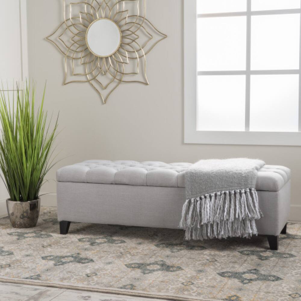 Back. PDTEND - Contemporary Storage Ottoman in Light Gray Fabric with Button Tufted Diamond Stitch Design - Light Gray.