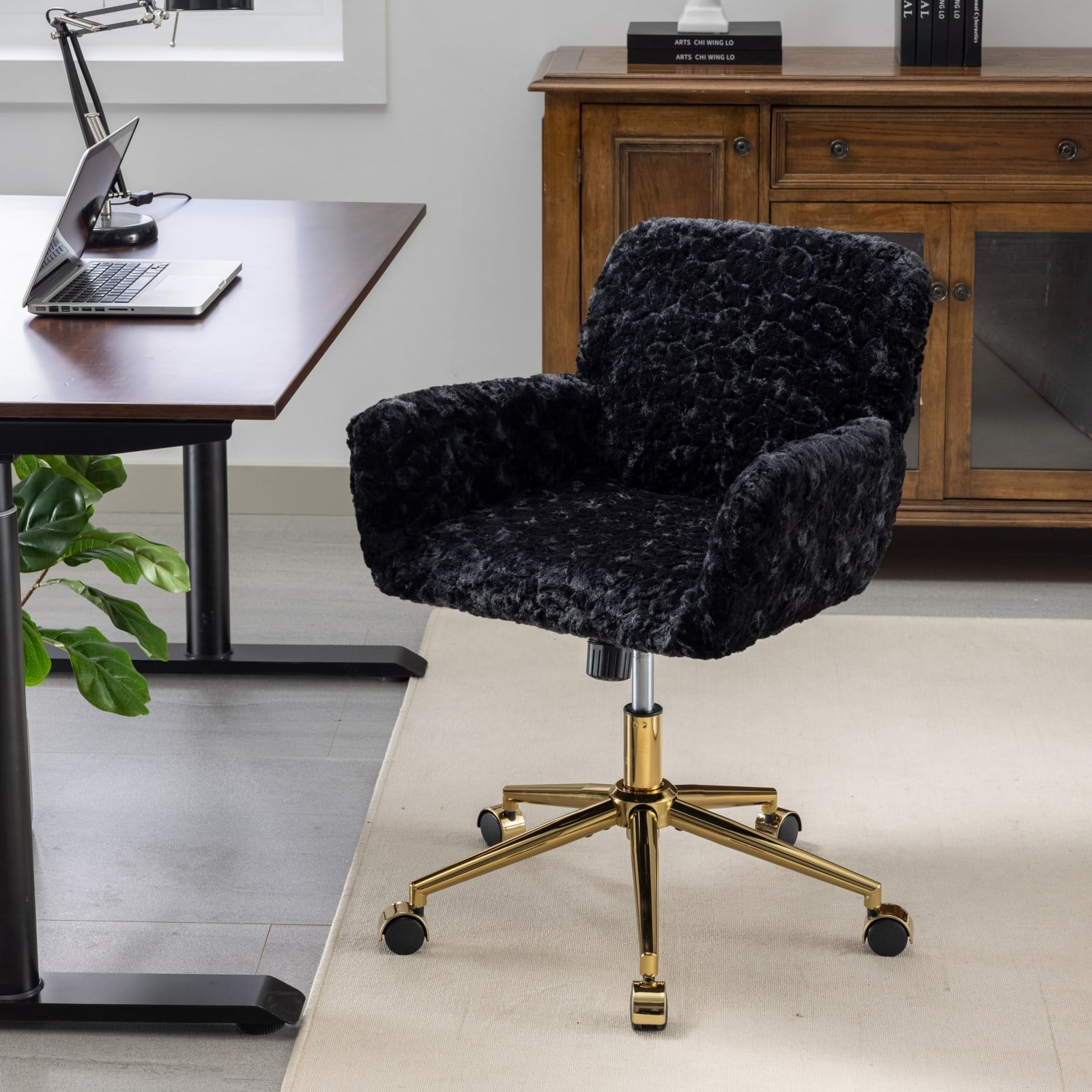 GOODSILO - Premium Adjustable Swivel Office Chair with Golden Metal Base and Plush Velvet Upholstery for Home or Office Use - Black