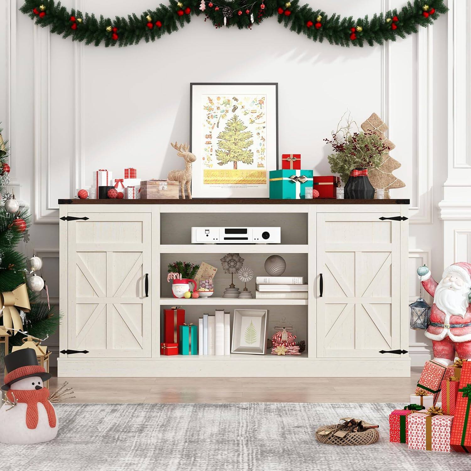 Left. Espafurni - 66" Farmhouse TV Stand w/Power Outlet, 33"H, Adjustable Shelves & Storage – Fits 75" TV - White.