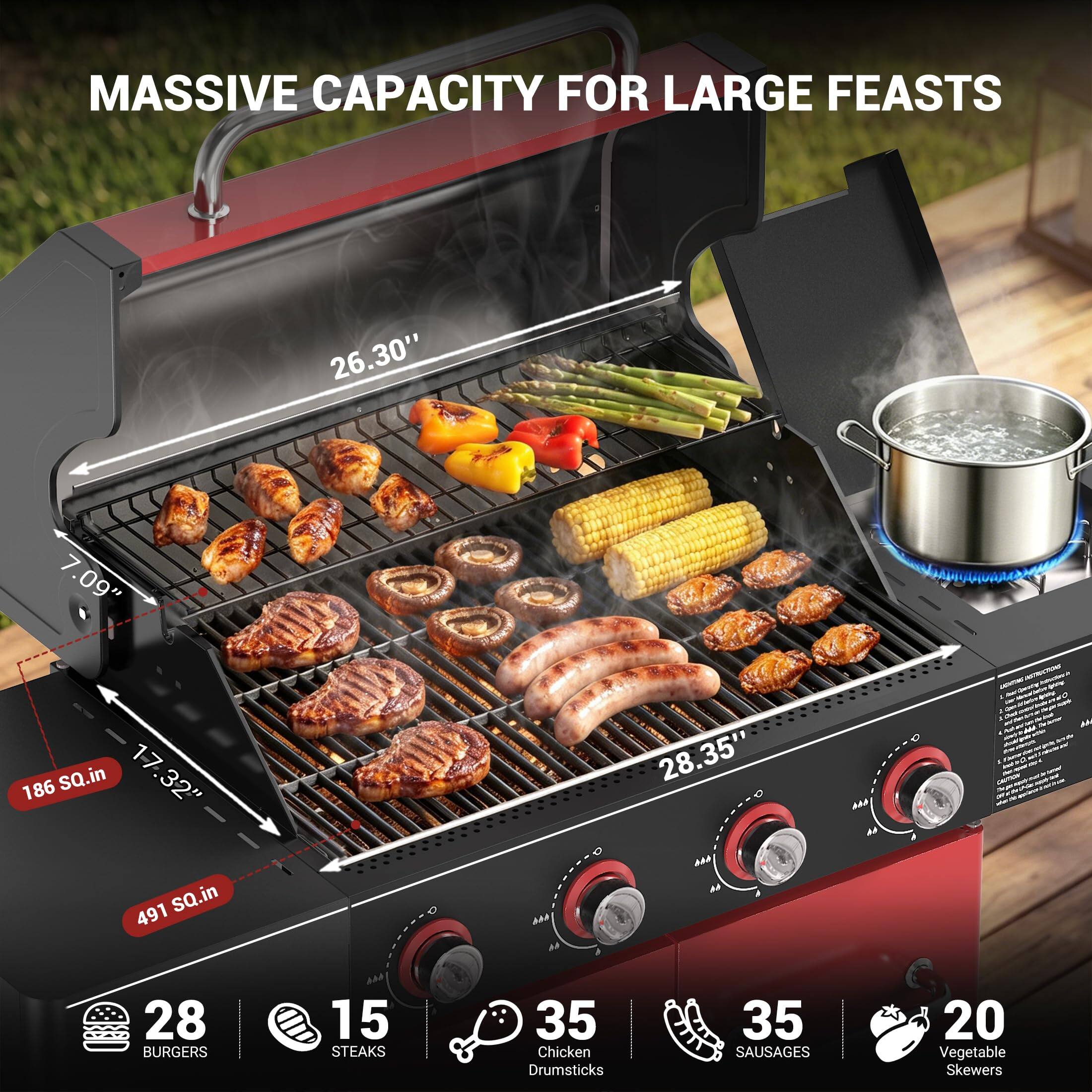 MASSIVE CAPACITY FOR LARGE FEASTS

26.30" 7.09" 17.32" 28.35"

186 SQ.in 491 SQ.in

28 BURGERS
15 STEAKS
35 Chicken Drumsticks
35 SAUSAGES
20 Vegetable Skewers