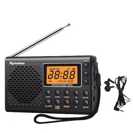 Rysamton AM FM SW POCKET RADIO CH01 CH02 CH03 M SCAN ALARM TIME DEL SLEEP M BAND