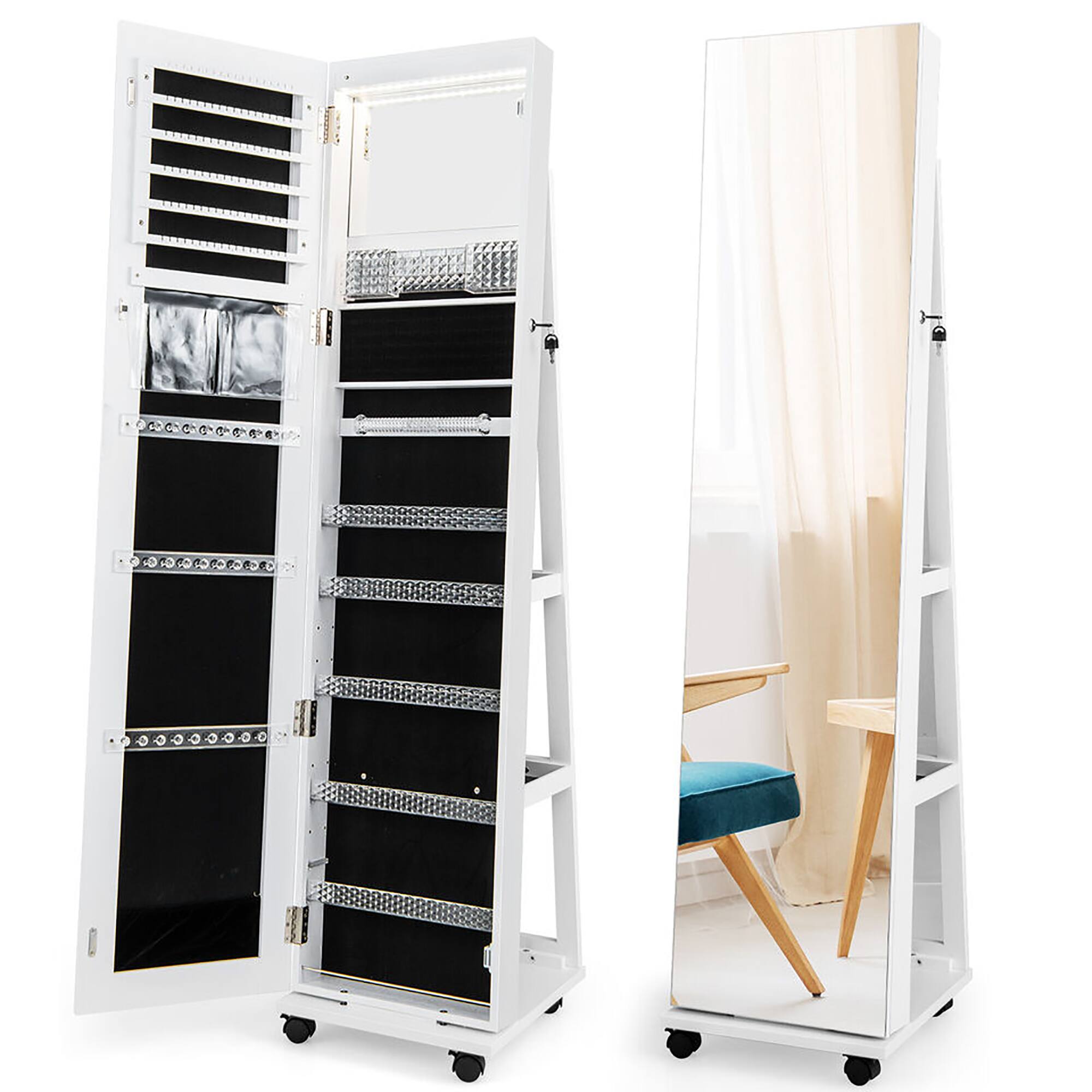 Alt View 9. Gymax - Gymax 64'' Jewelry Organizer Lockable Jewelry Cabinet Armoire w/ Mirror & LED Lights White - White.