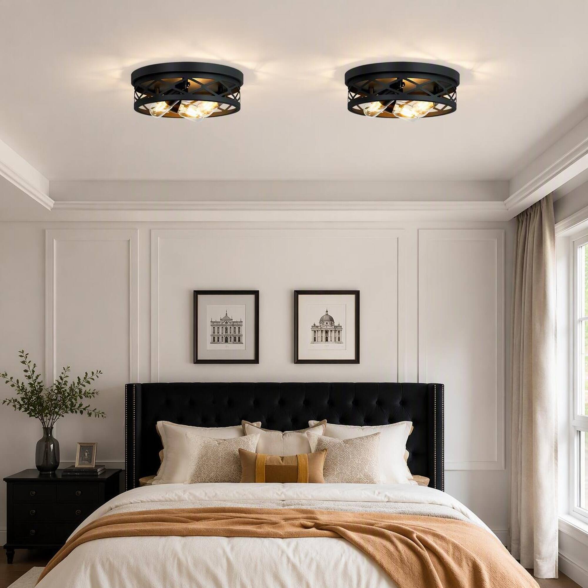 Back. RYHNUYNE - 2-Pack Round Matte Black Flush Mount Ceiling Light – 3-Light Industrial Cage Fixture for Hallway, Kitchen, Bedroom.