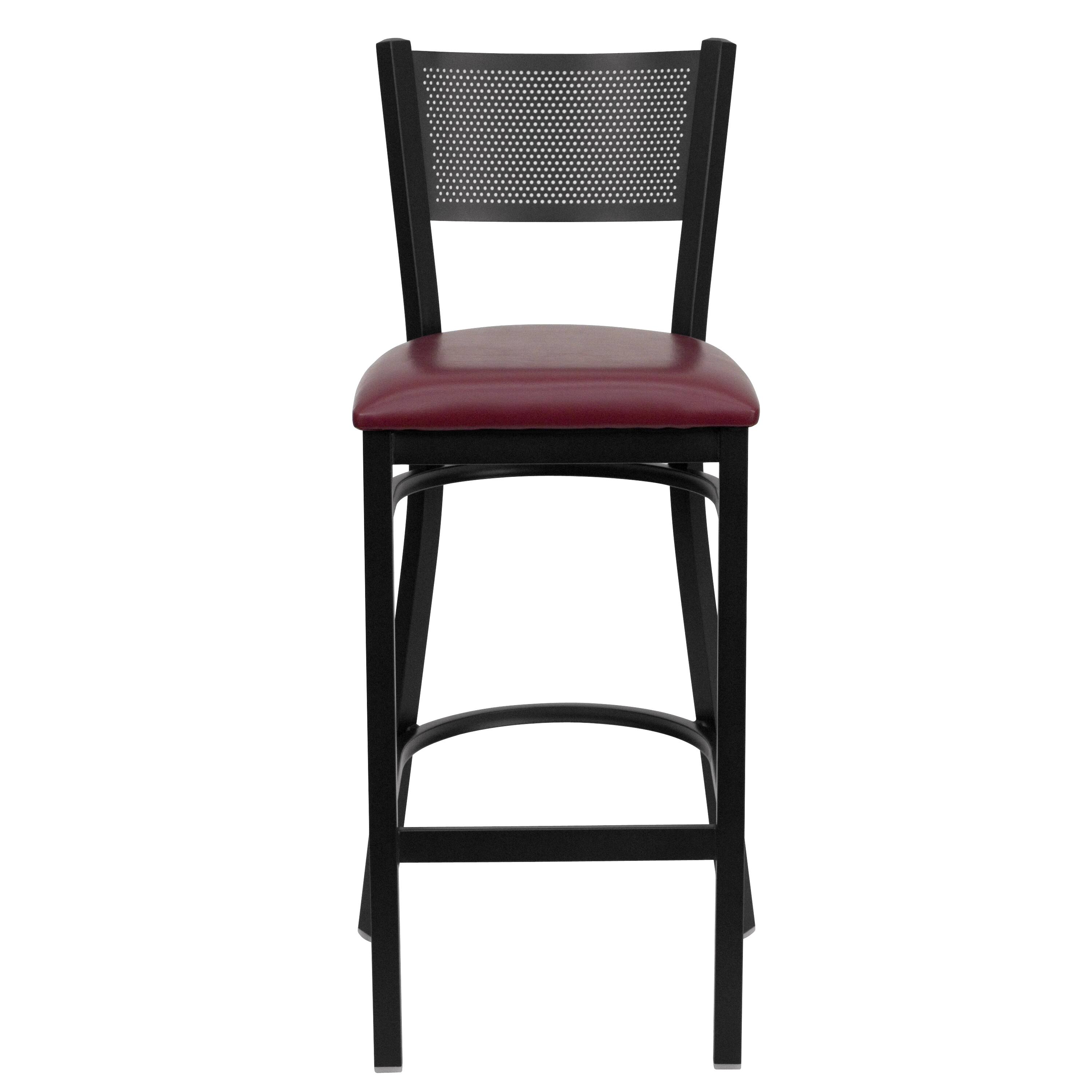 Alt View 5. Emma + Oliver - Grid Back Metal Restaurant Dining Barstool - Burgundy Vinyl Seat/Black Metal Frame.