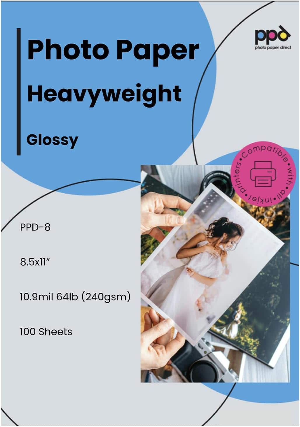 Photo Paper Direct - Glossy Photo Paper 8.5x11 for Inkjet Printers (100 sheets/240 gsm) - White