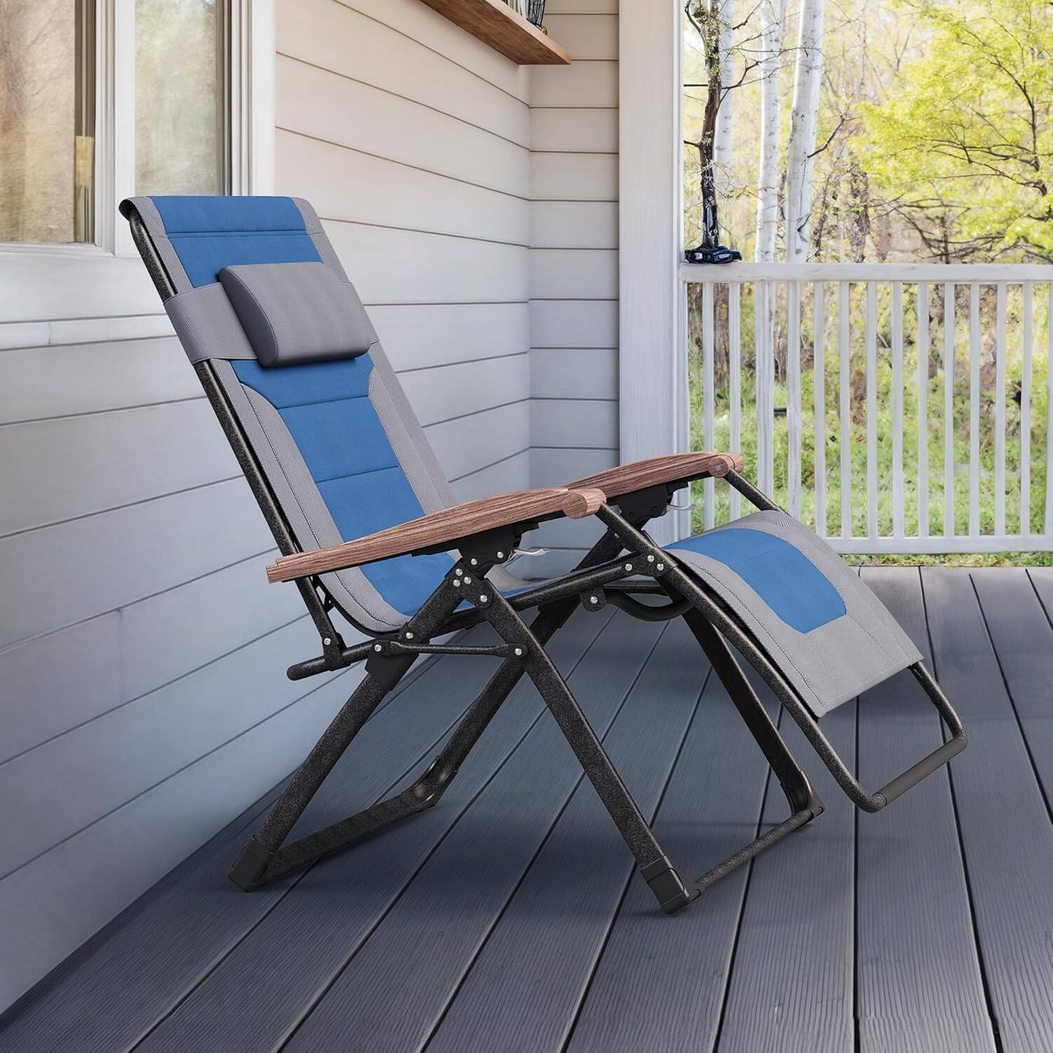 Front. PURPLE LEAF - ExtraWide Outdoor Chaise Lounge Patio Zero Gravity Recliner Folding Chair with Quilted Seat Adjustable Headrest for Lawn - Grey & Navy Blue.