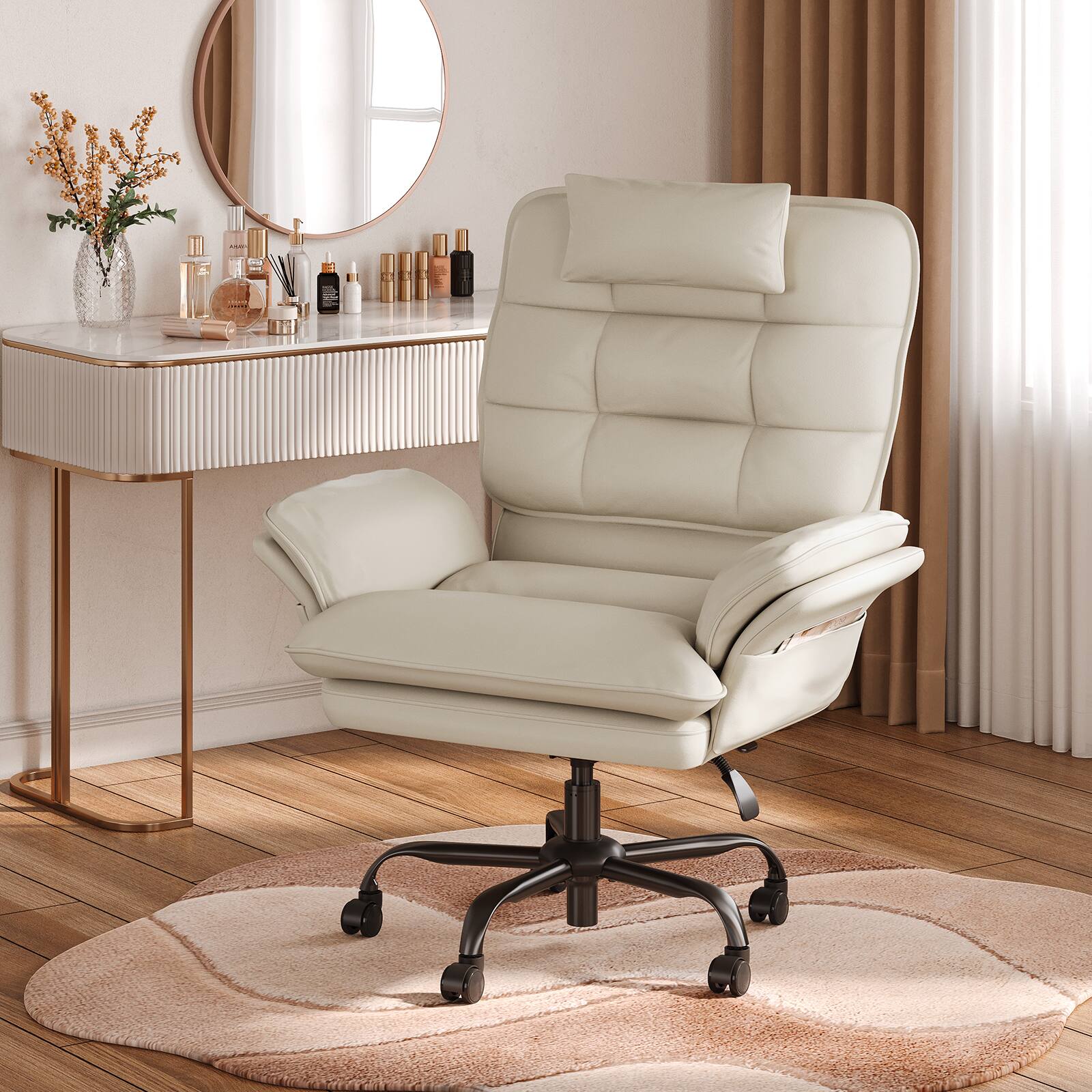 Left. Bestier - Office Cross-Legged Chair with Ergonomic Headrest, Flip-up Armrest & Adjustable Backrset for Home Office - Off-White PU Leather.