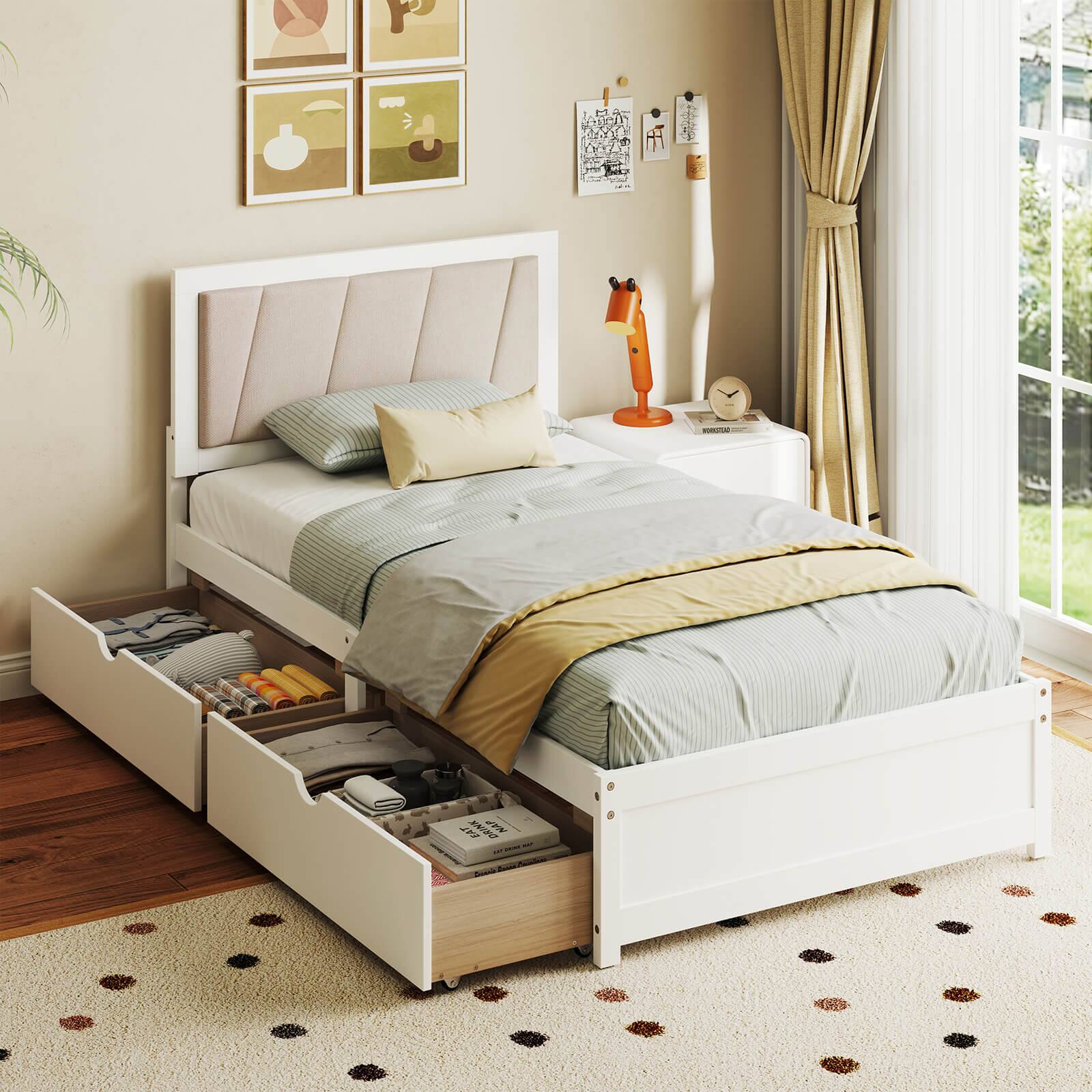 Angle. Costway - Costway Twin Size Bed Frame with 2 Storage Drawers Upholstered Headboard Wood Structure - White,Beige.