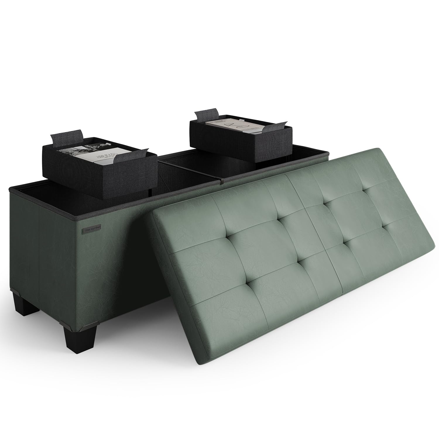 Front. Fabibe - Storage Ottoman Bench with Bins, 30-in Storage Bench for Bedroom End of Bed, Folding Foot Rest Ottoman for Living... - 03 - Green Leather 15"D x 43"W x 15"H.