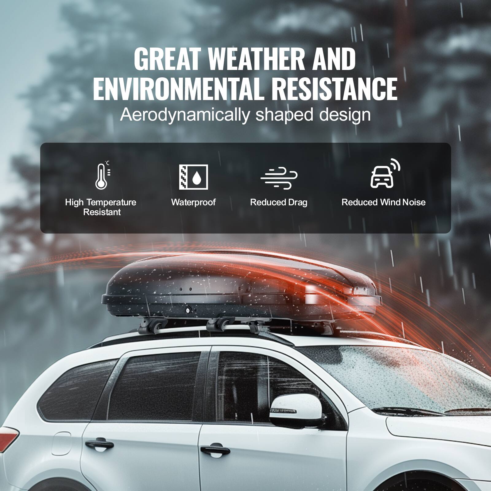 GREAT WEATHER AND ENVIRONMENTAL RESISTANCE  
Aerodynamically shaped design  

- High Temperature Resistant  
- Waterproof  
- Reduced Drag  
- Reduced Wind Noise