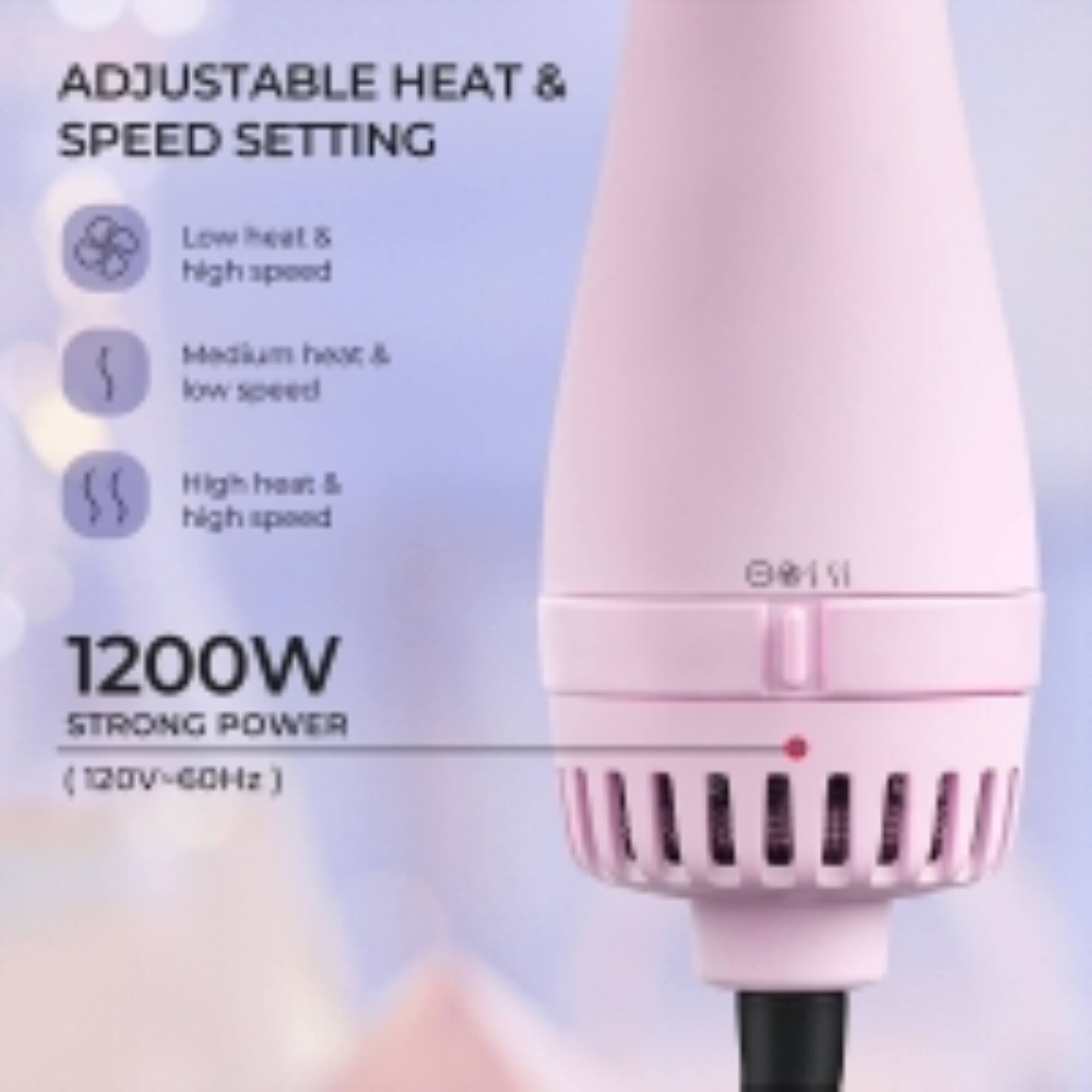 ADJUSTABLE HEAT & SPEED SETTING  
- Low heat & high speed  
- Medium heat & low speed  
- High heat & high speed  

1200W STRONG POWER  
(120V-60Hz)