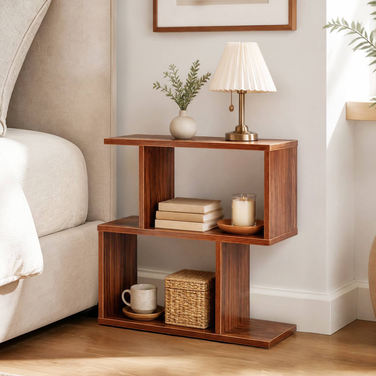 Alt View 1. Costway - Costway 3-Tier Bookshelf Free Standing Wooden Display S-Shaped Shelf Storage Rack - Walnut.