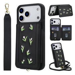 Dteck - Floral Flip Wallet Case for Apple iPhone 17 Pro Max,Fashion Crossbody PU Leather Card Holder Cover with Wrist Strap - Black