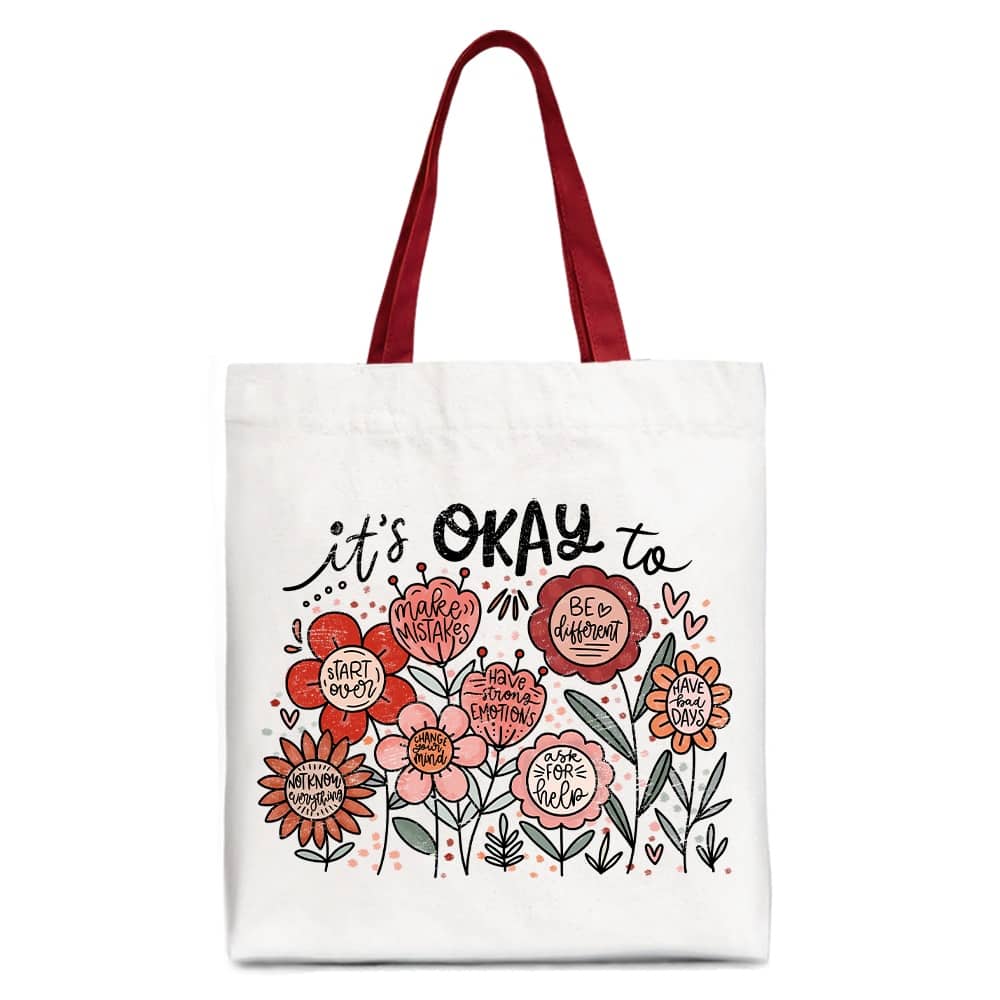 OrnamentallyYou - It's Okay Floral Affirmation Canvas Tote Bag, Boho Motivational Gift for Kind and Inspirational Women - White Red