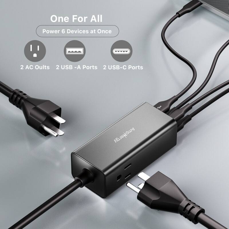 One For All Power 6 Devices at Once 2 AC Outlets 2 USB -A Ports 2 USB-C Ports AmpNergy