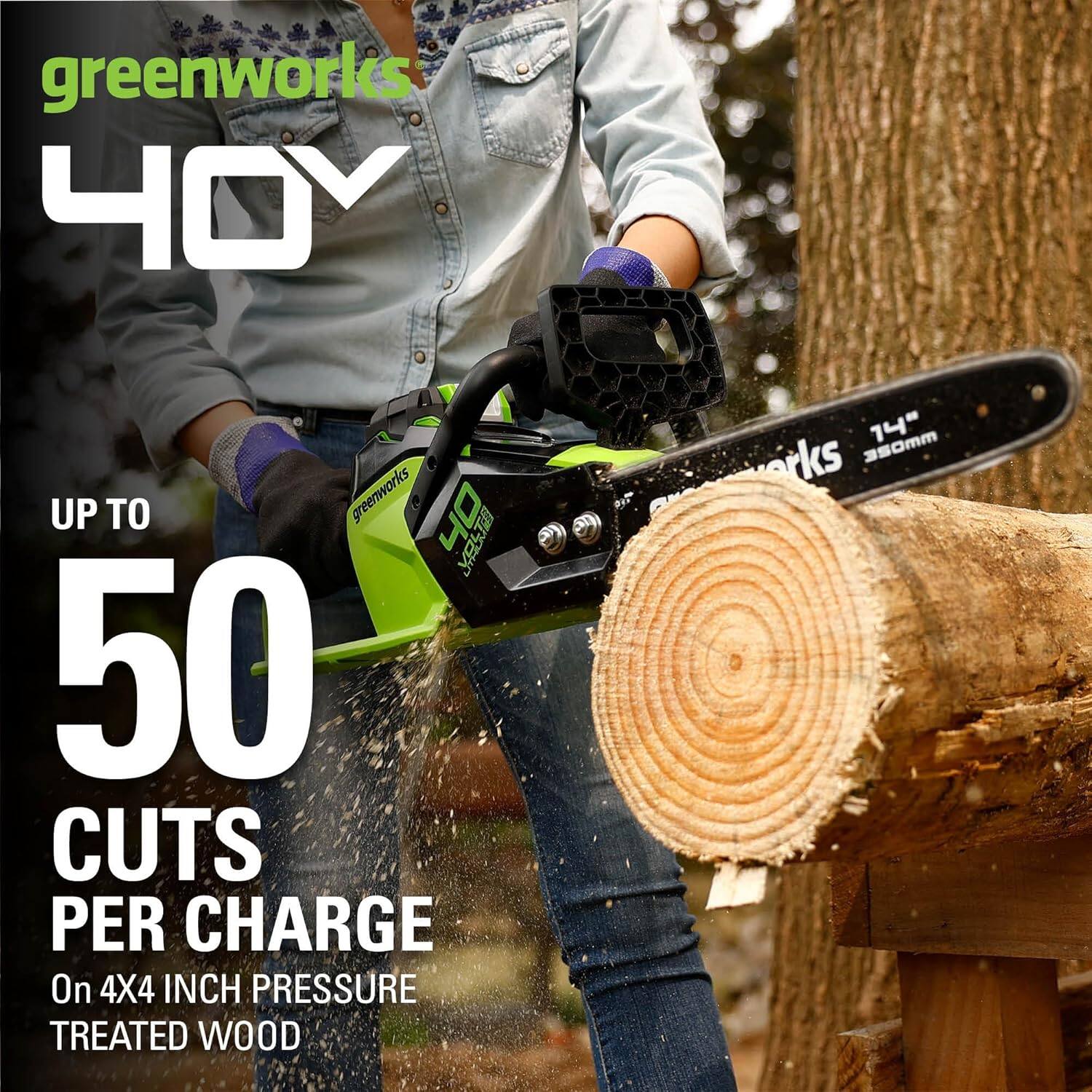 greenworks  
40V  

UP TO  
50 CUTS PER CHARGE  
On 4x4 INCH PRESSURE TREATED WOOD  

14" 350mm