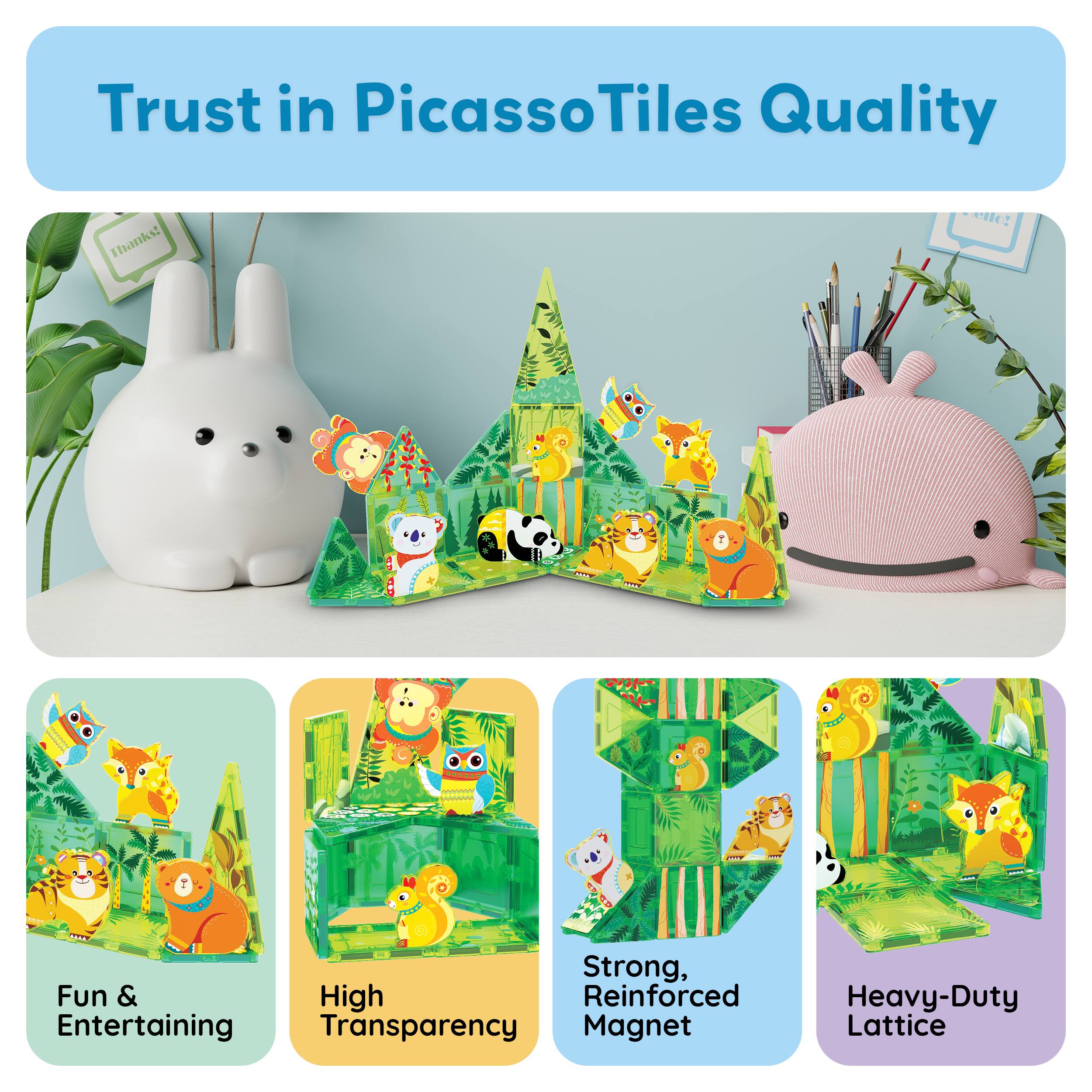 Trust in PicassoTiles Quality

- Fun & Entertaining
- High Transparency
- Strong, Reinforced Magnet
- Heavy-Duty Lattice