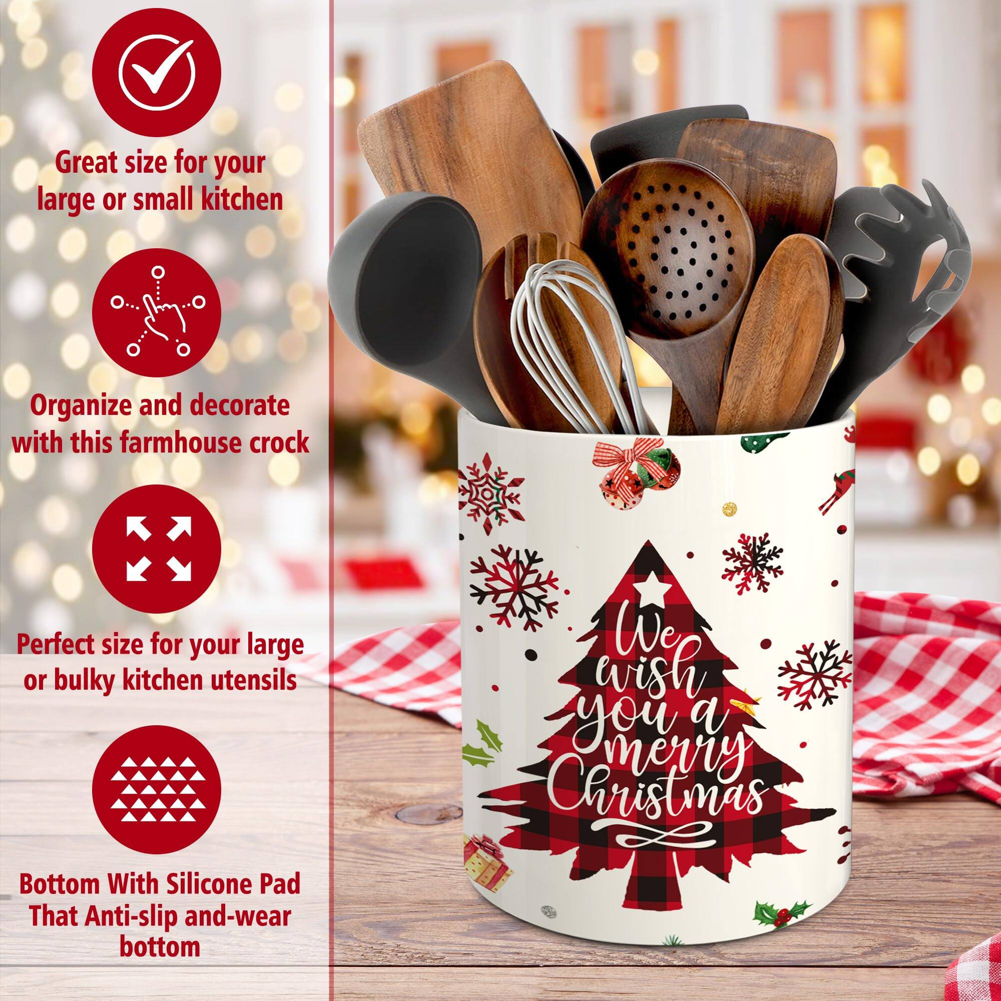 Great size for your large or small kitchen

Organize and decorate with this farmhouse crock

Perfect size for your large or bulky kitchen utensils

Bottom with silicone pad that anti-slip and wear bottom

We wish you a merry Christmas