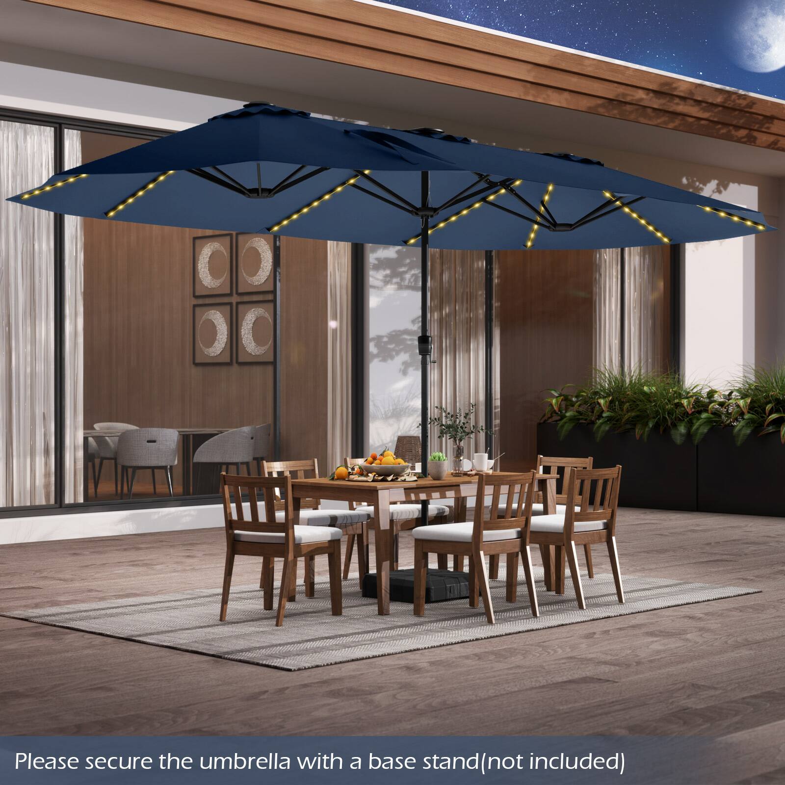 Please secure the umbrella with a base stand (not included)