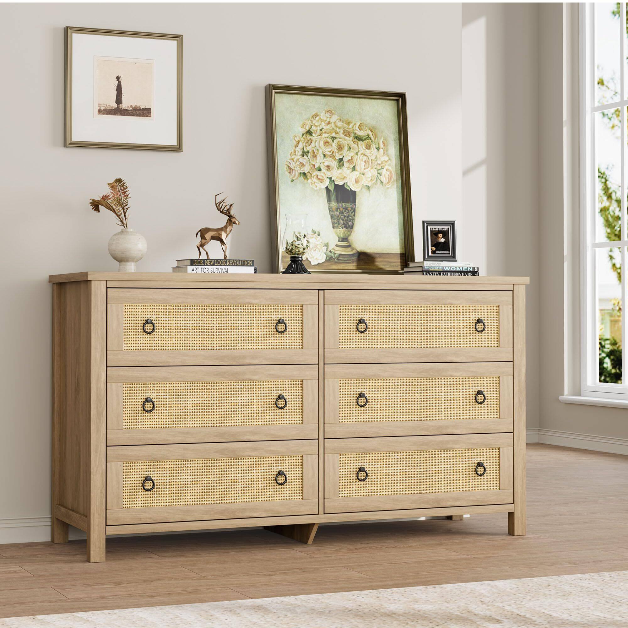 Acekool - Rattan Dresser for Bedroom with 6 Drawers, Chest of Drawers with Large Clothes Storage Cabinet - Yellow