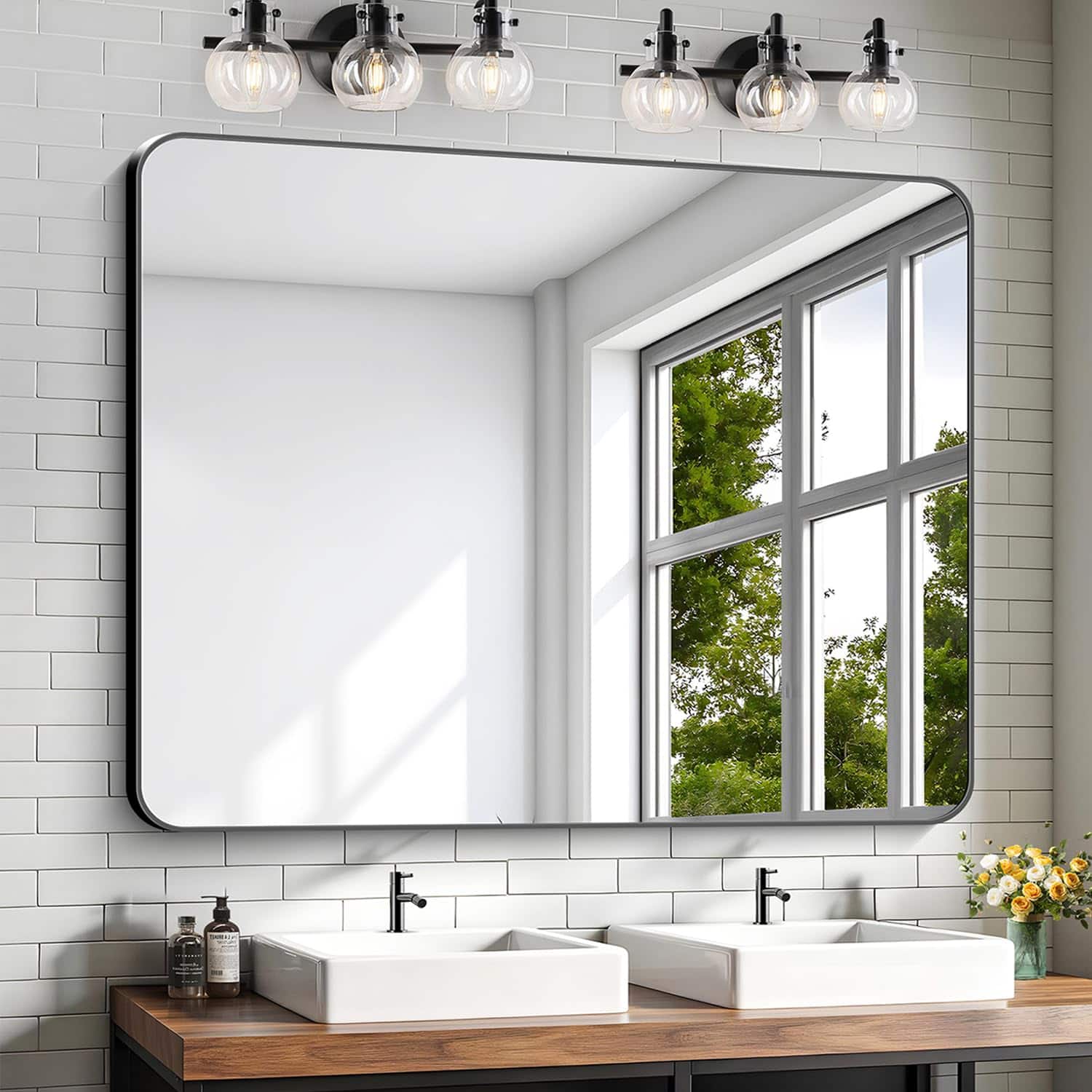 Cedar Assembly - Wall Mounted Mirror Square Bathroom For Over Sink Vanity Aluminum Framed Decorative Bedroom Living Room F - Black Rectangle-55"L x 40"W