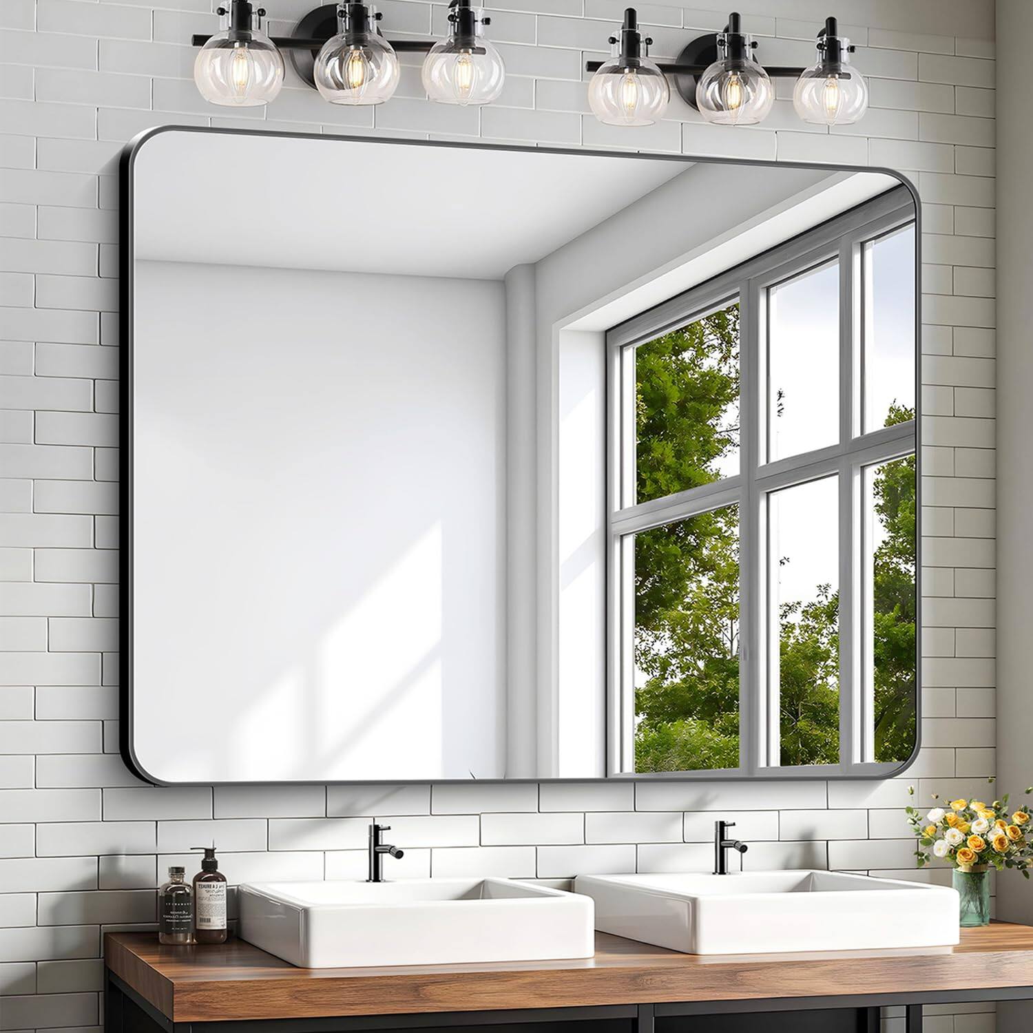 Cedar Assembly - Wall Mounted Mirror Square Bathroom For Over Sink Vanity Aluminum Framed Decorative Bedroom Living Room F - Black Rectangle-55"L x 40"W