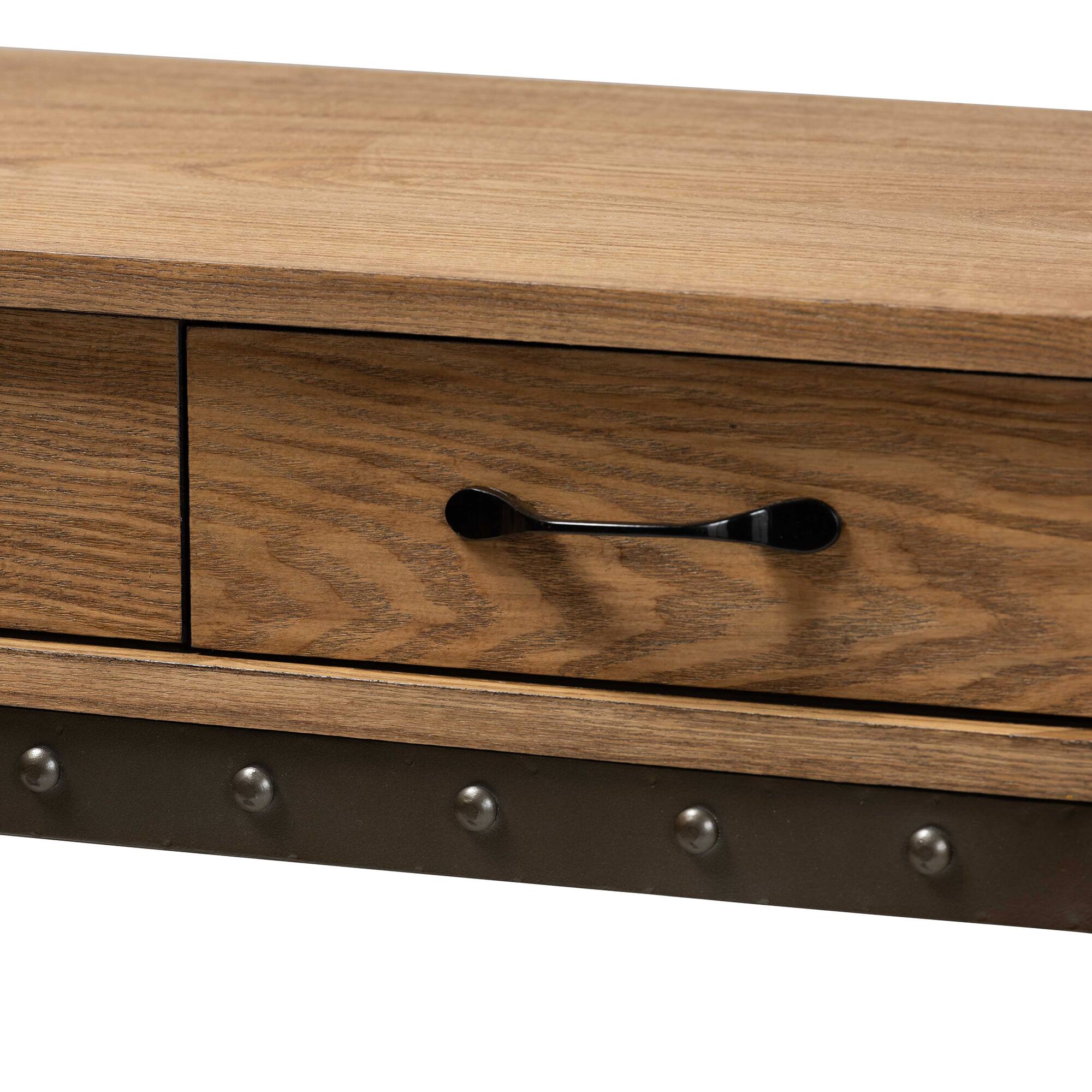 Alt View 2. Baxton Studio - Kellyn Vintage Rustic Industrial Finished Wood and Finished Metal 3-Drawer Console Table  - Oak Brown/Black.