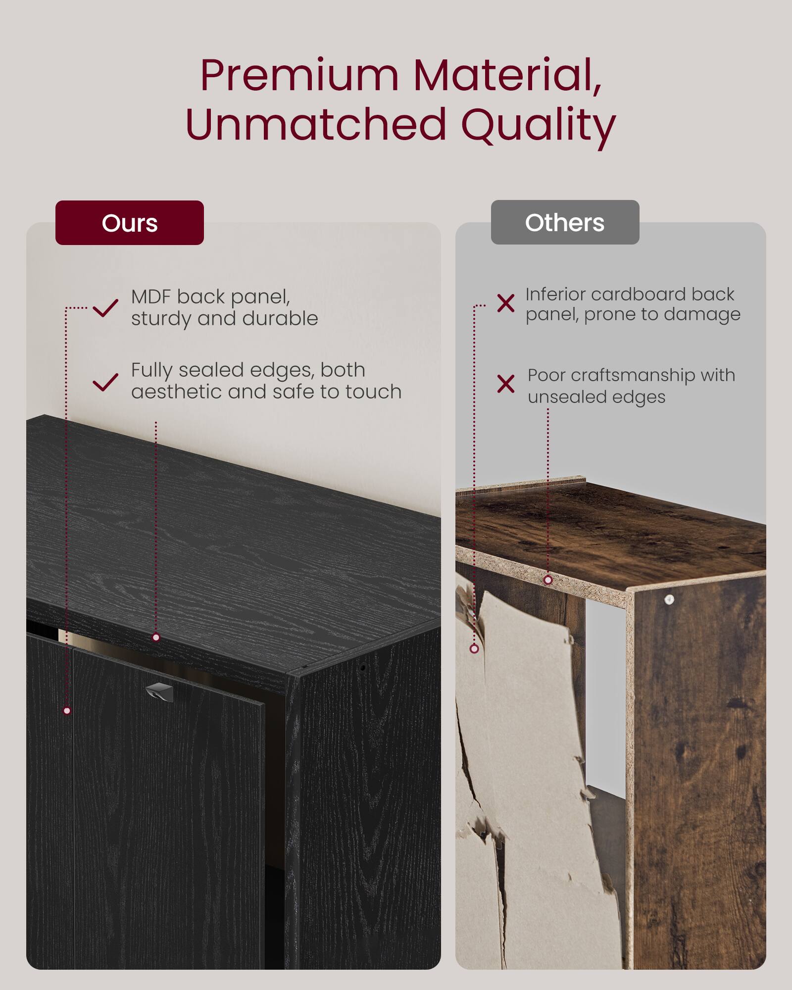 Premium Material, Unmatched Quality

**Ours**
- MDF back panel, sturdy and durable
- Fully sealed edges, both aesthetic and safe to touch

**Others**
- Inferior cardboard back panel, prone to damage
- Poor craftsmanship with unsealed edges