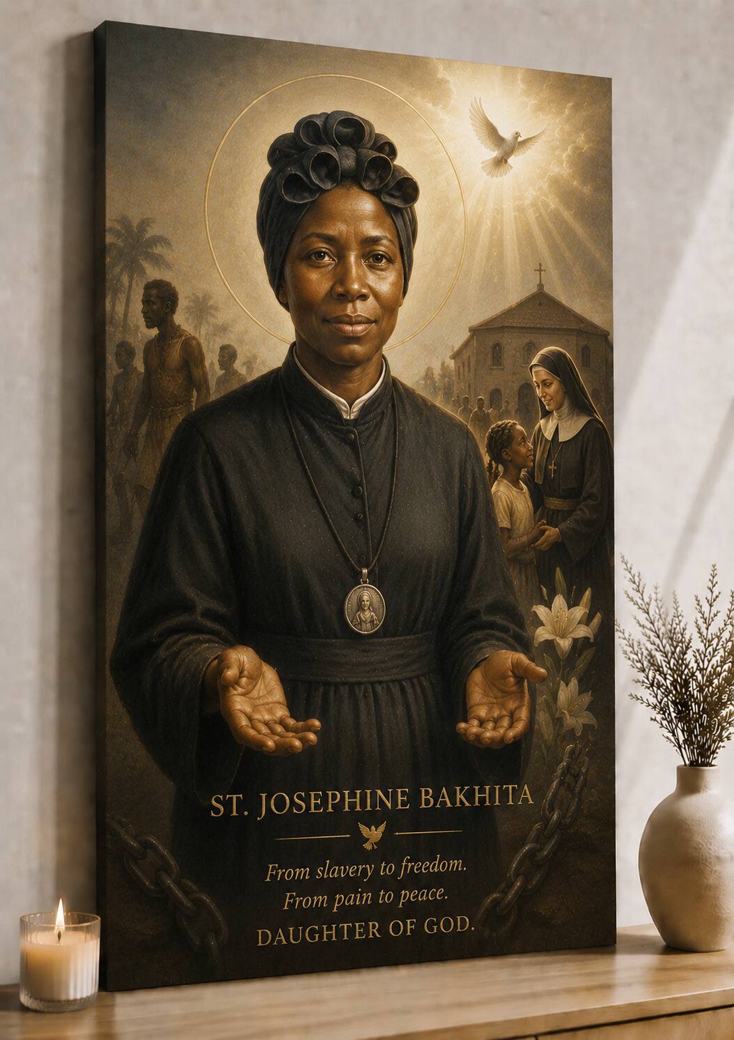 ST. JOSEPHINE BAKHITA  
From slavery to freedom.  
From pain to peace.  
DAUGHTER OF GOD.